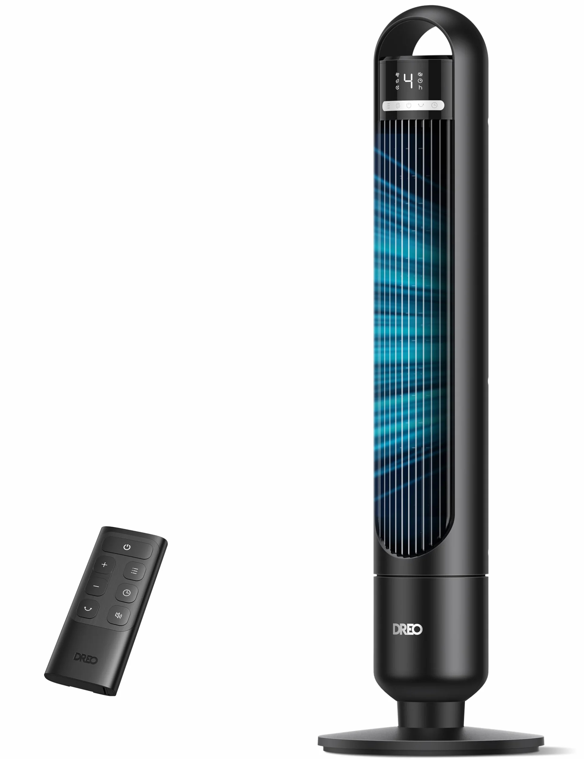 DREO Ventilatore a torre silenzioso da 23 dB, distanza di lancio, 9.8 m, ventilatore con 4 livelli di velocità, 3 modalità, timer da 8 ore, oscillante a 90°, ventilatore a colonna per camera da letto