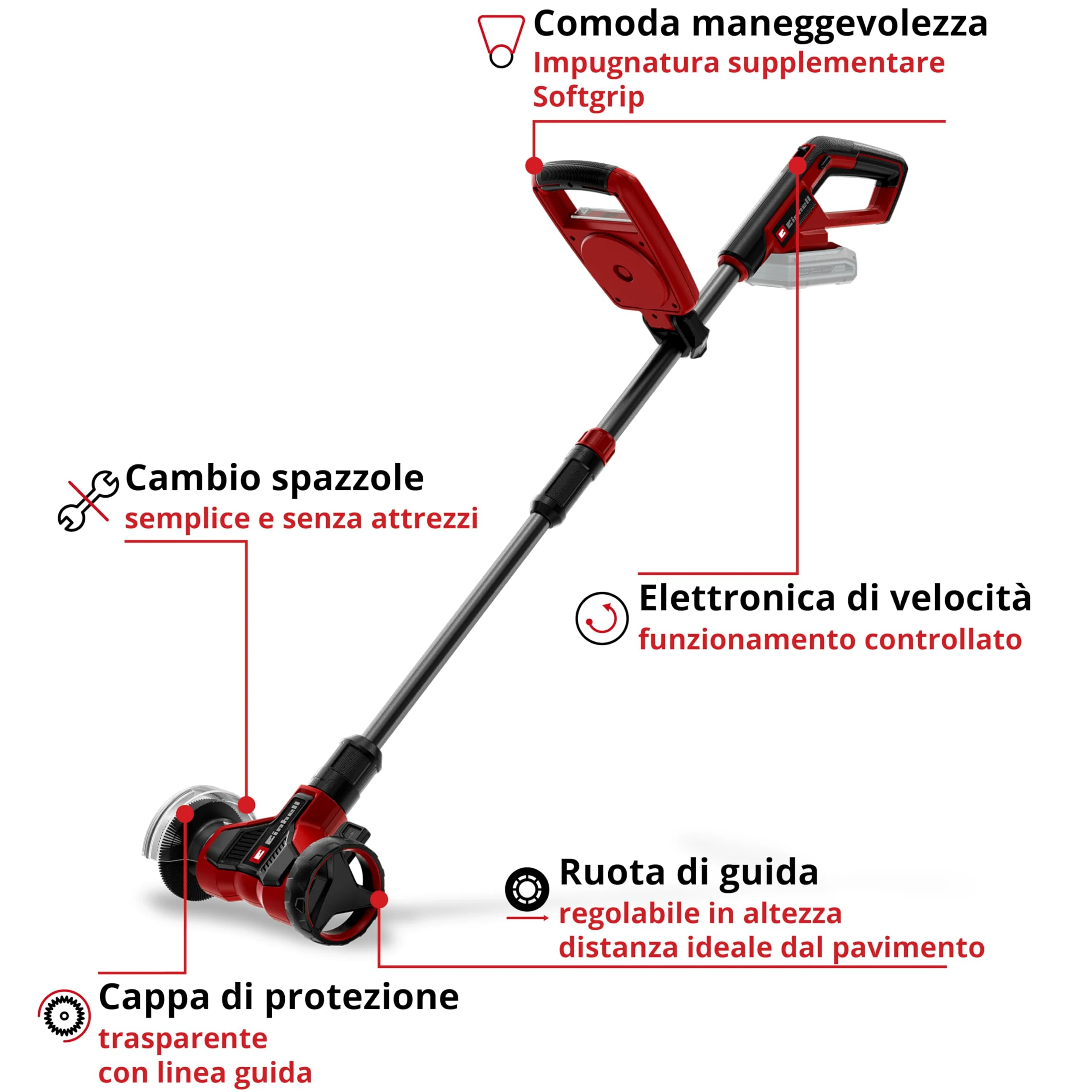 Pulitrice di fughe Einhell GE-CC 18/110 Li-Solo Power X-Change (18 V, manubrio telescopico, maniglia, ruota di guida regolabile, incl. 2 spazzole, batteria esclusa)