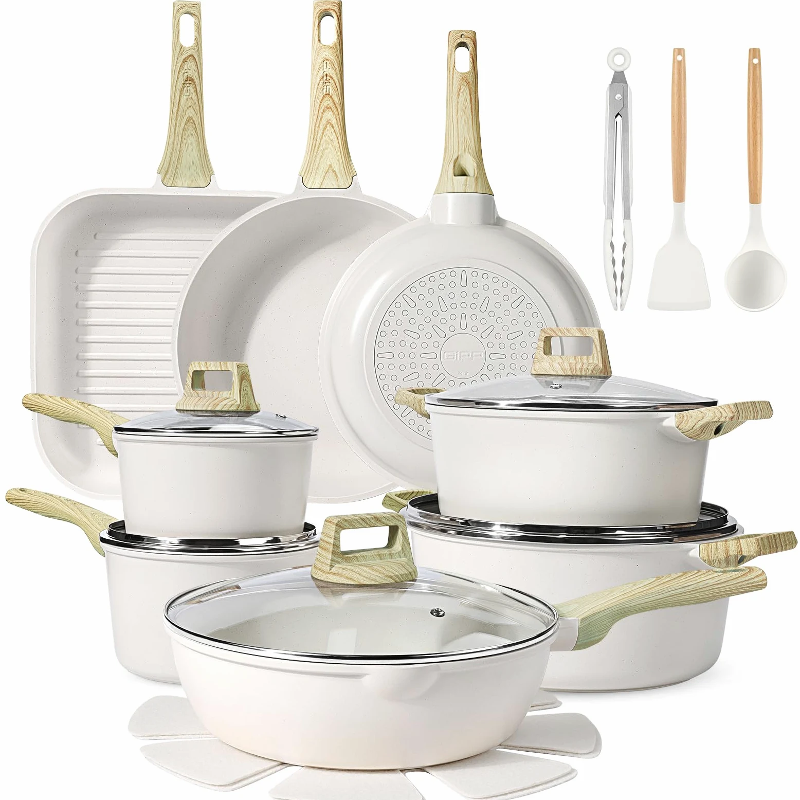 GiPP Set di Pentole e Padelle con Rivestimento Antiaderente - 21 Pezzi Induzione Set di Pentole Con Spatola Cucchiaio, Atossico, Adatto a Diversi Tipi di Fornelli