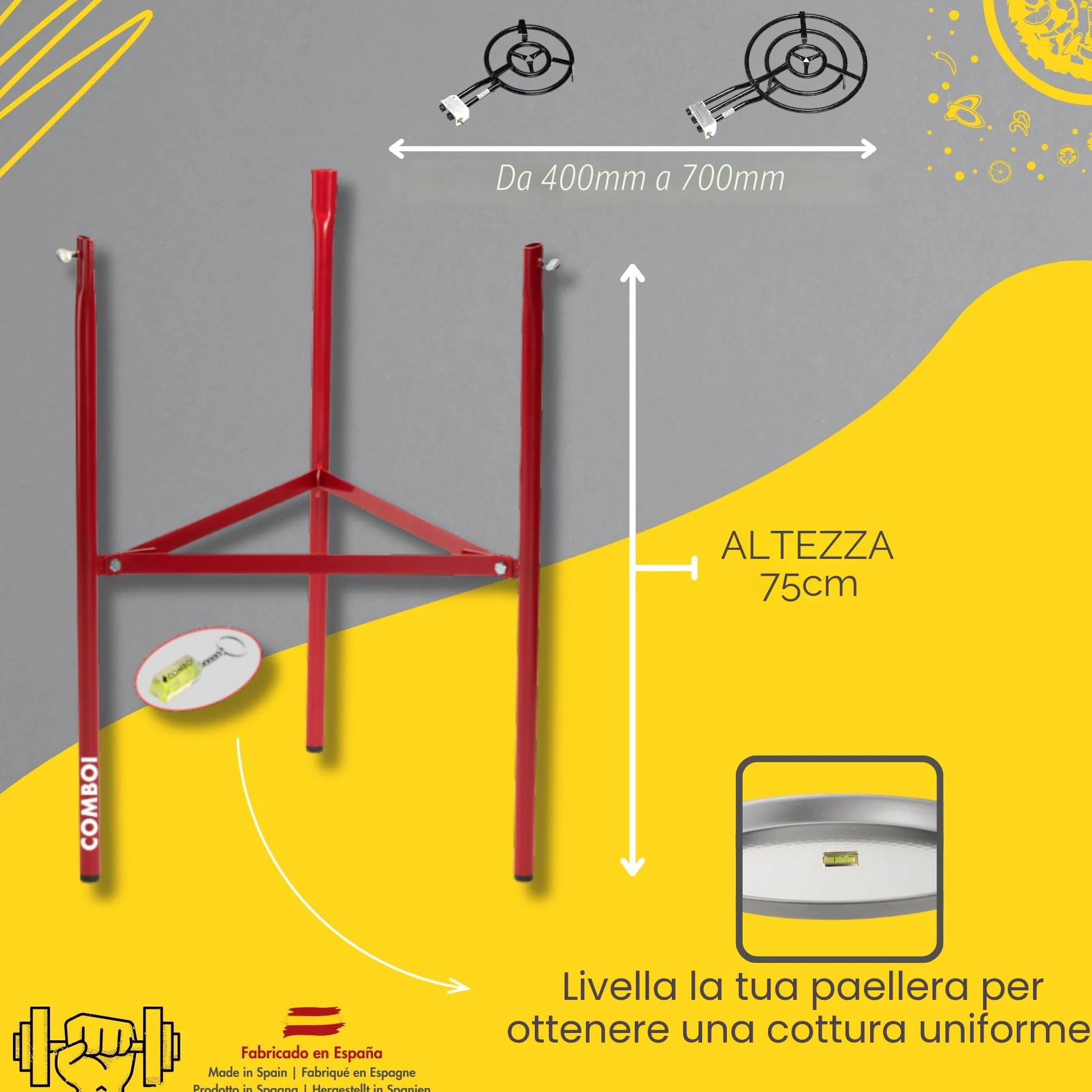 COMBOI Kit Bruciatore Paellero Gas Butano 50 cm Paellere Smaltate 60 cm + Regolatore di Gas Tubo Supporto Gambe Rinforzato Livello Grembiule Libro di Ricette Digitale