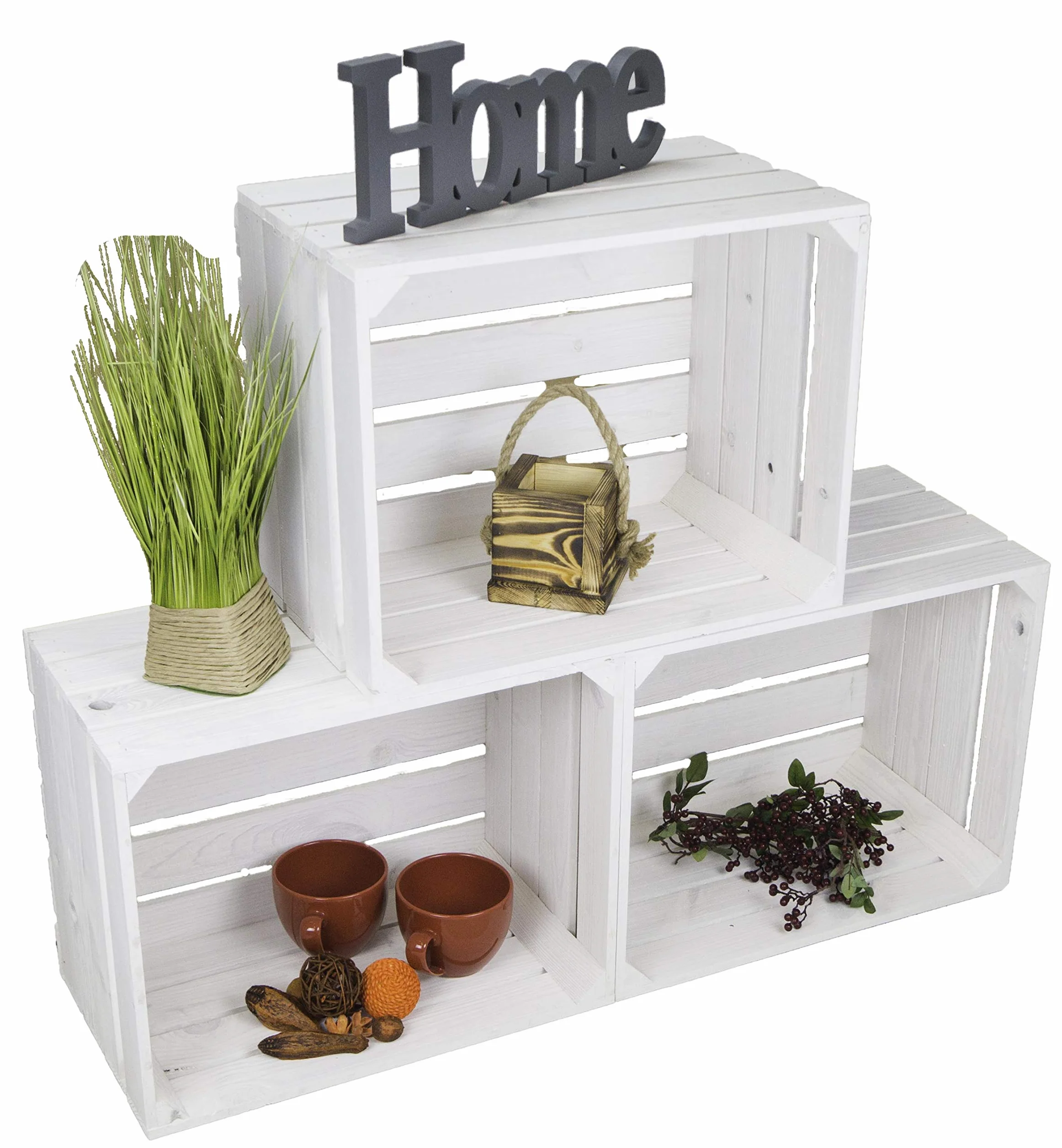 Set di 3 cassette da frutta tipo vecchio, in legno massiccio, 49 x 42 x 31 cm bianco