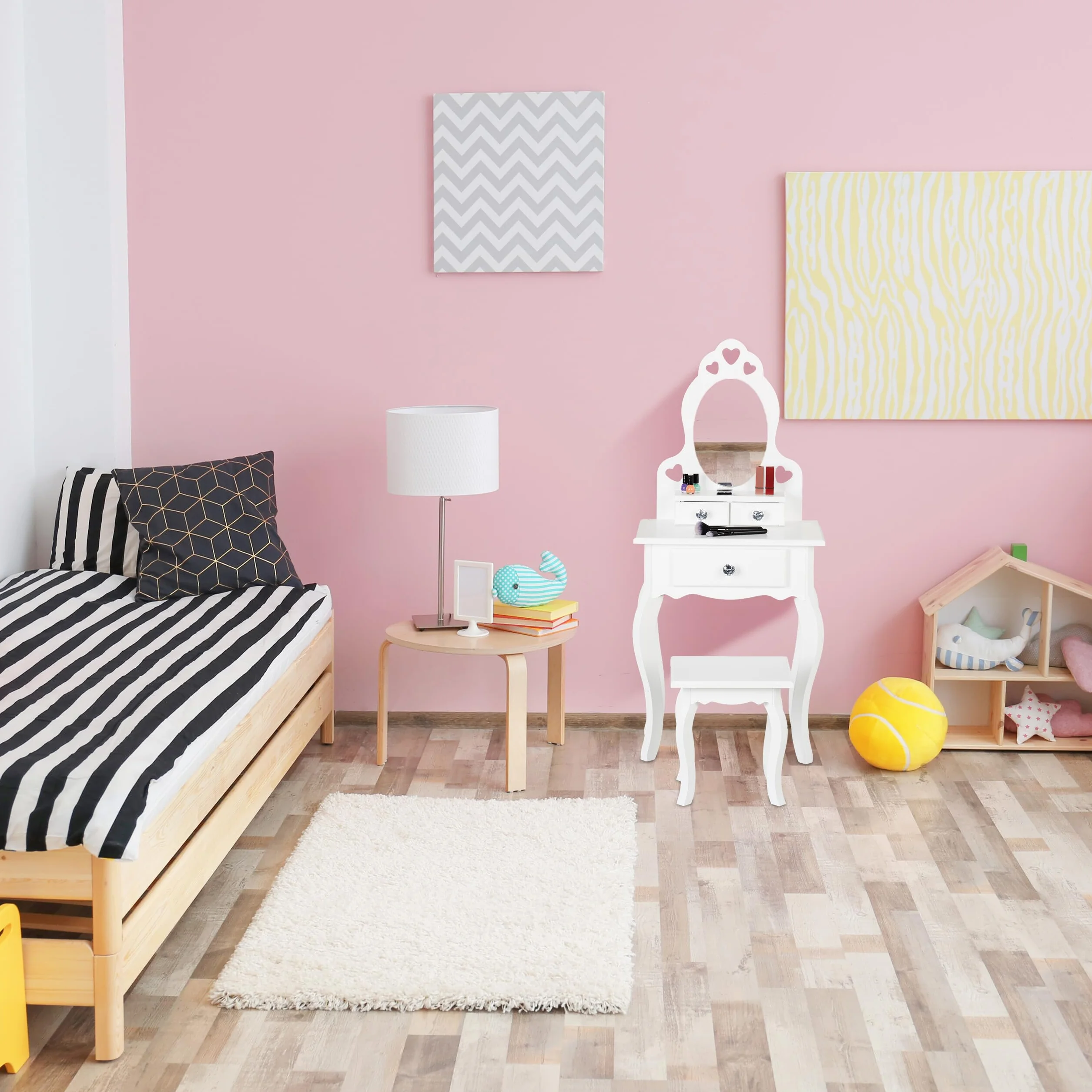 Relaxdays Toeletta Trucco Bambina, Tavolino con Specchio e Sgabello, HLP: 110 x 50 x 30 cm, a Partire dai 3 Anni, Bianco