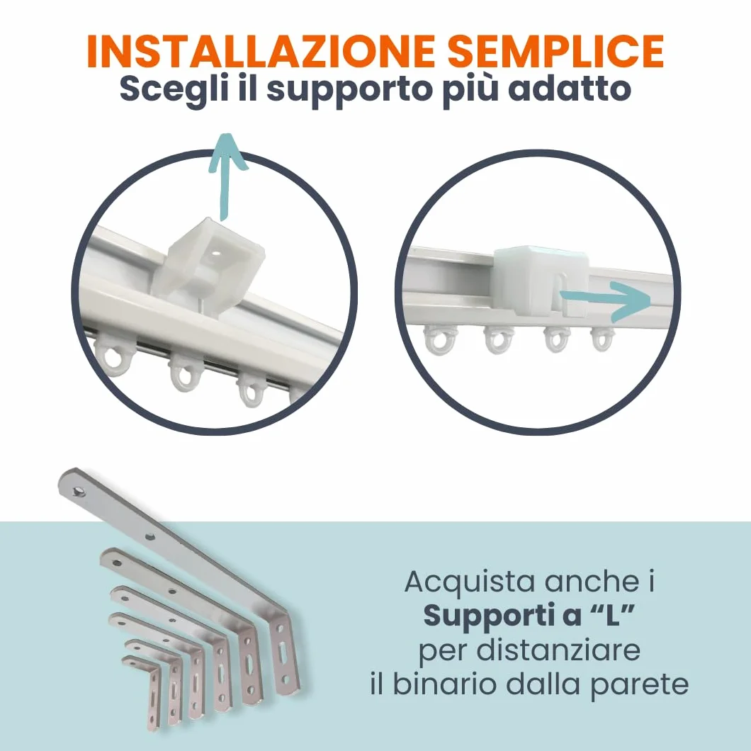 Zineffa Riloga Scorritenda Lineare in Alluminio Bianco Binario per Tende a Soffitto Parete L. 200 CM Movimento MANUALE