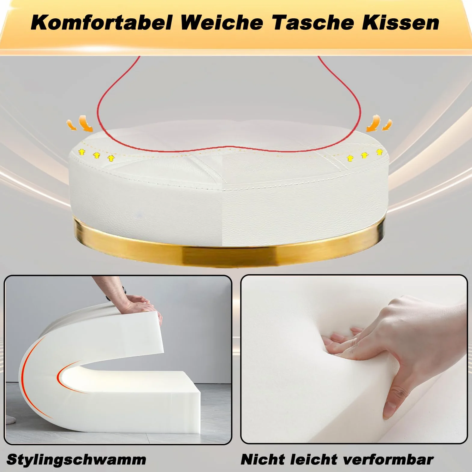 Sgabello con Ruote Dorato, Rotonda Girevole Sedia con Rotelle Pelle PU, Sgabelli per Toeletta Trucco, Ufficio e Estetista, Regolabile Altezza da 45 a 58 cm (Bianco, Senza Schienale)