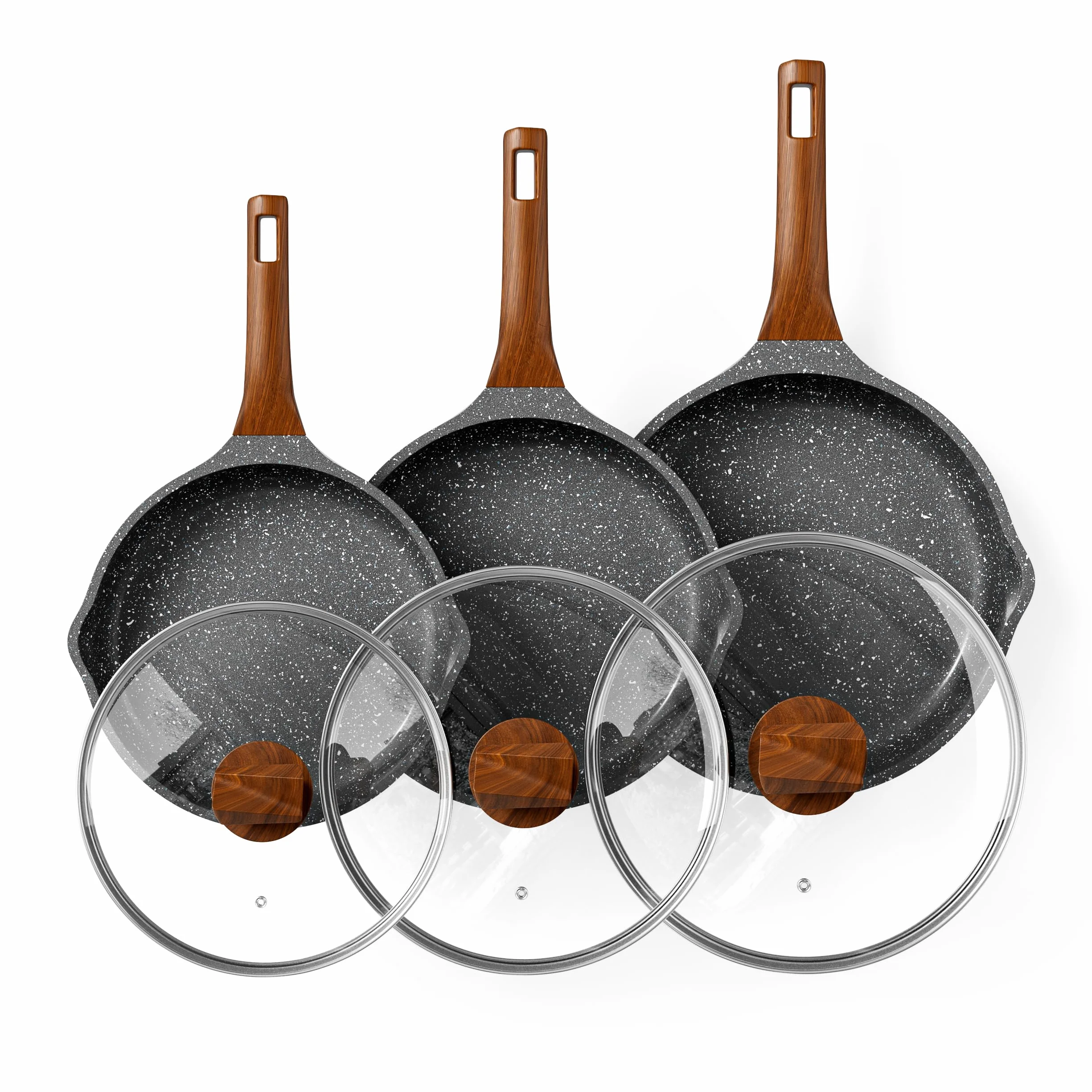 RIOVARM Induzione Set di padelle con coperchi Antiaderente Padelle universali 20 cm 24 cm 28 cm Granito Padella per omelette Set di pentole con manico resistente al calore Adatto a vari fornelli
