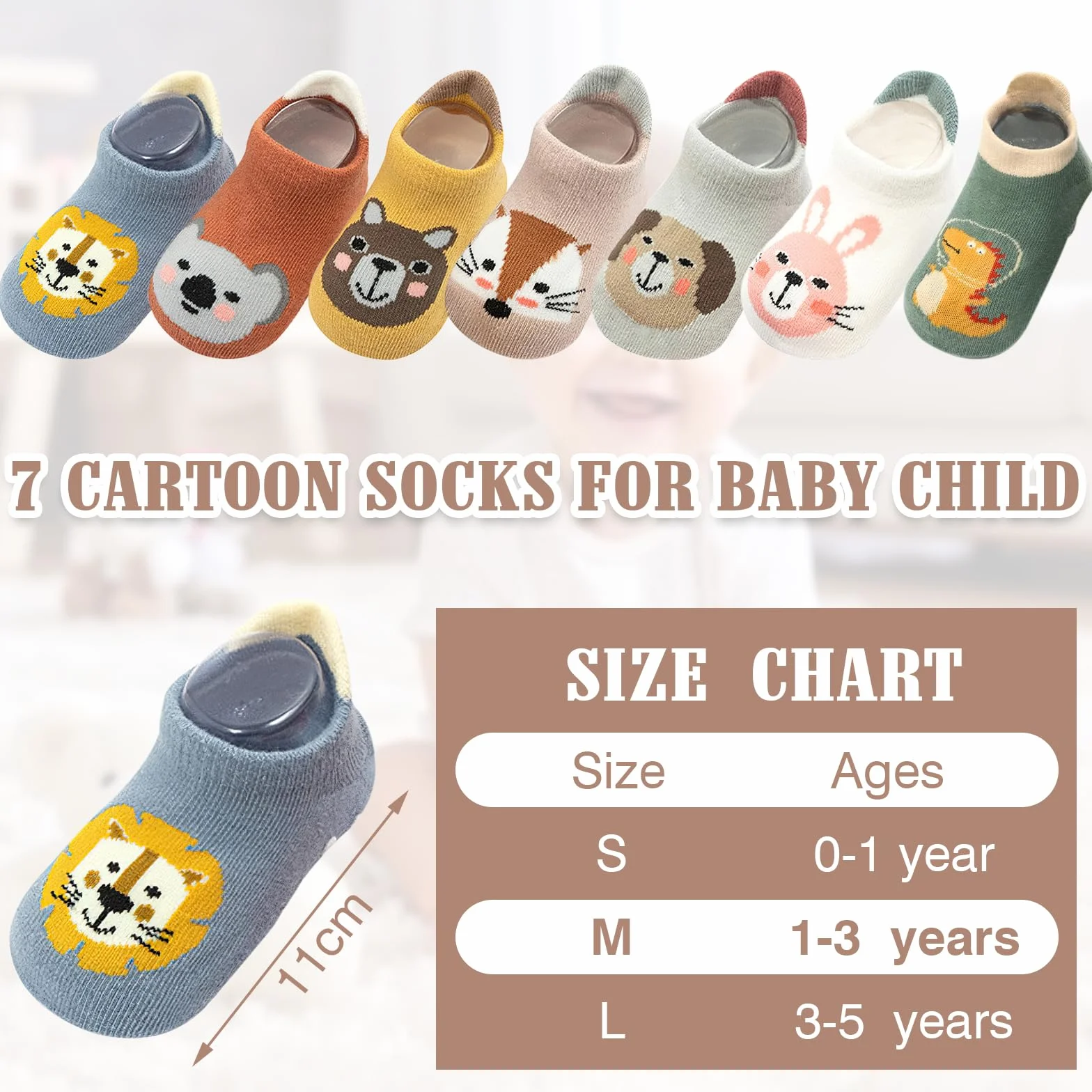 VEGCOO 7 Paia Calzini Antiscivolo Cotone Animali Stampa Calze Traspirante per Neonati Bambini Bambine