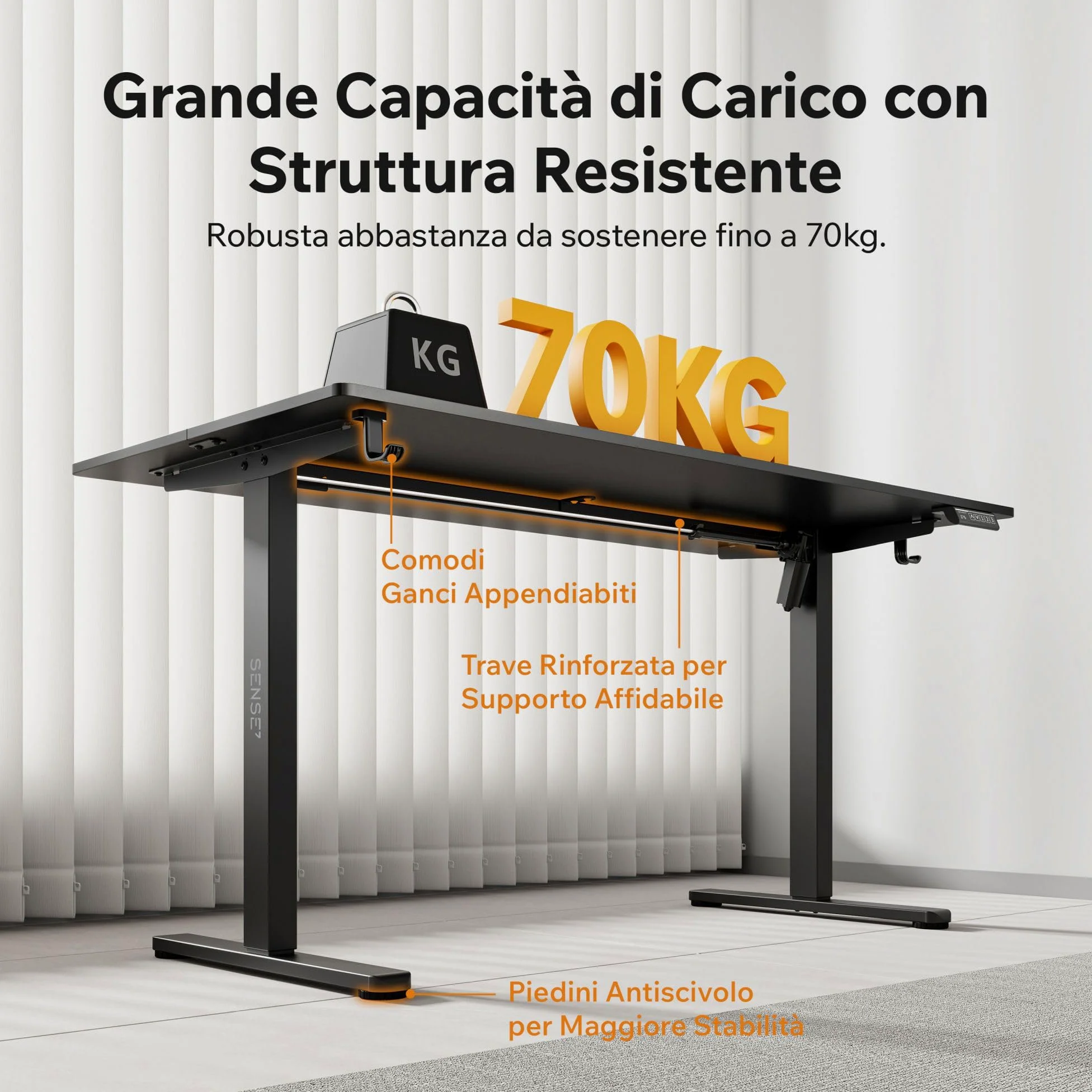 SENSE7 Nojo Light Scrivania Elettrica Nera 140x70cm, Portata 70kg – Grande Scrivania Ergonomica con Memoria e Motore Silenzioso – Ideale per Gaming e Ufficio