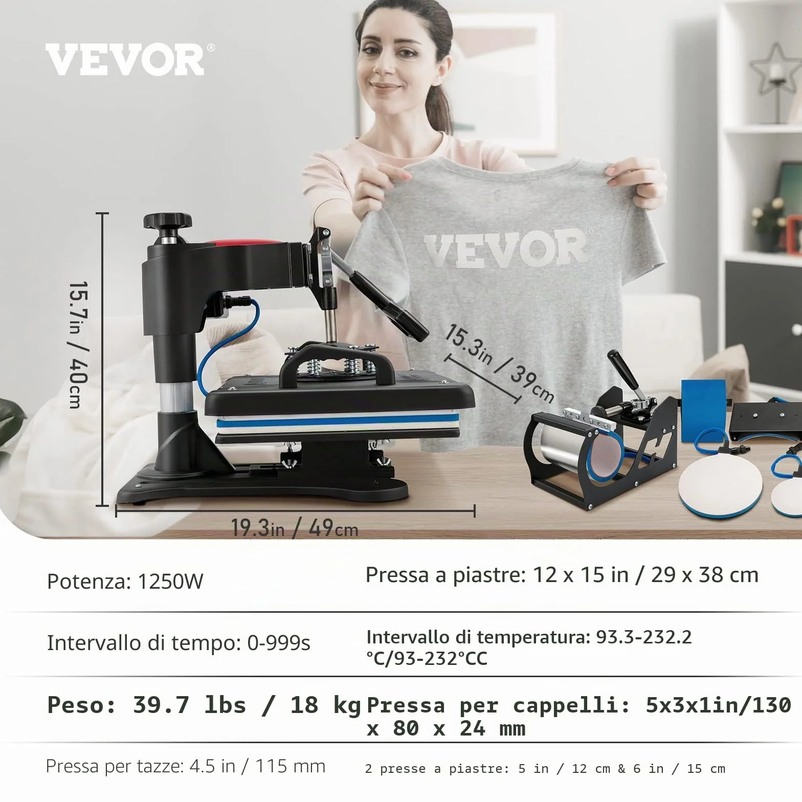 VEVOR Pressa a Caldo 1250 W 5 in 1 Termopressa per Sublimazione 29 x 38 cm