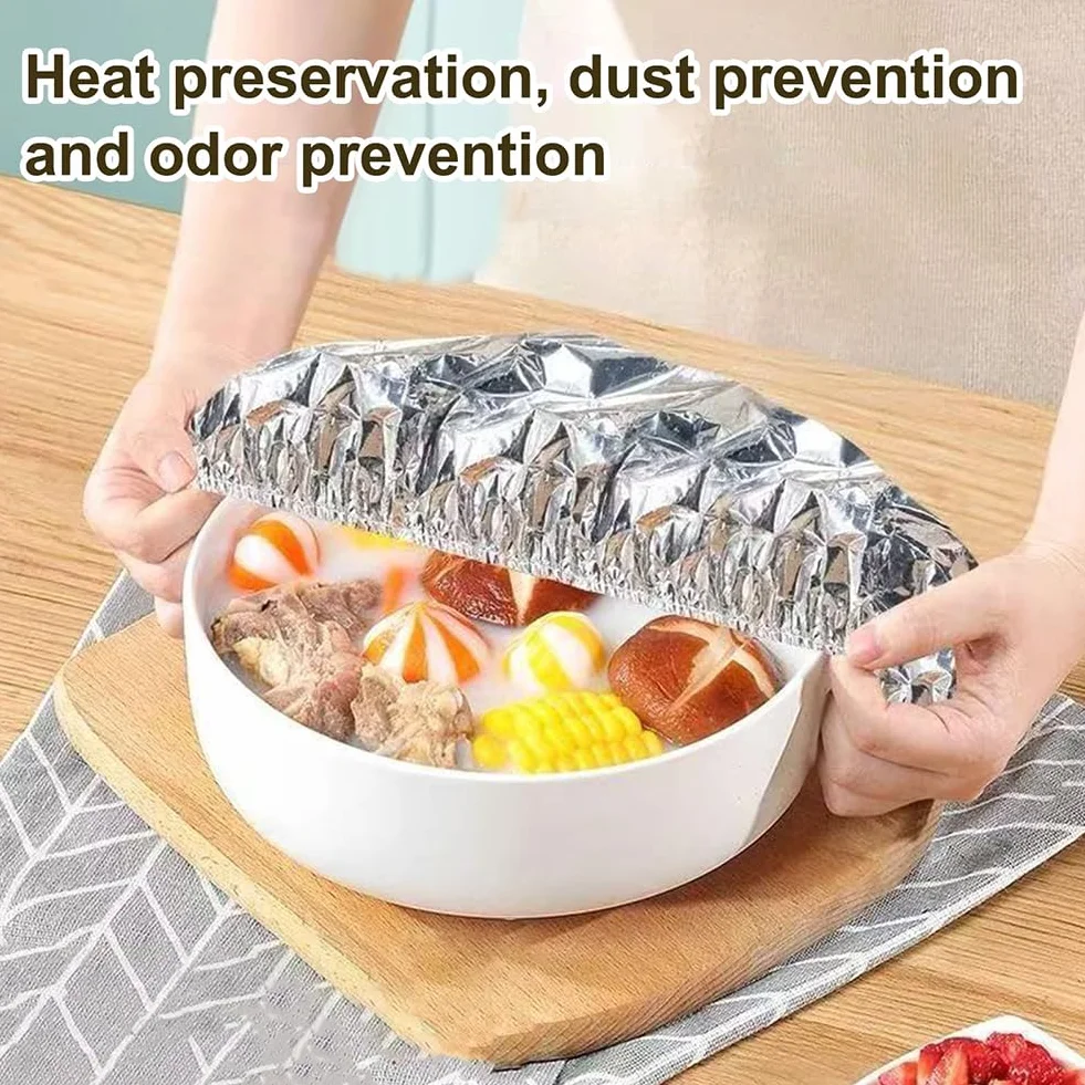 50 Coperchi Riutilizzabili in Alluminio per Alimenti, Copripiatto Elastico Termico per Mantenere Caldo, Pellicola Resistente 110°C Universale per Ciotole e Piatti da 11 a 28cm (200pcs)