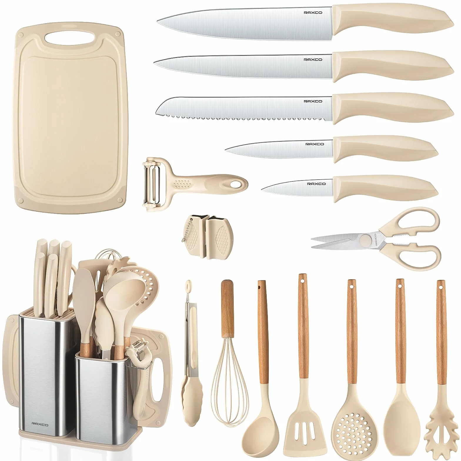 RAXCO Set di coltelli da cucina con blocco 18 pezzi 5 coltelli 7 spatole in silicone Cachi