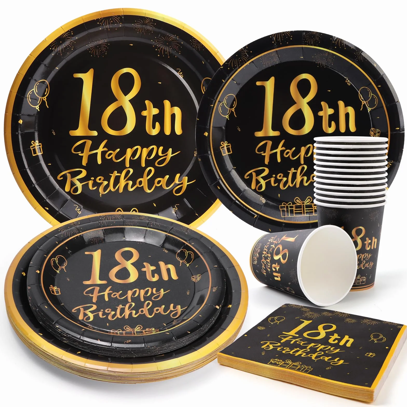 Set di 96 Piatti di Carta per Feste Compleanno - Nero e Oro - 18°