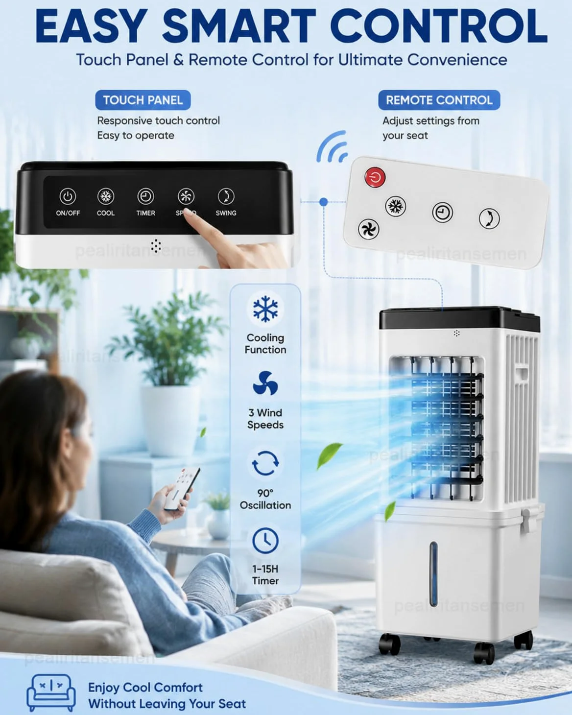 Climatizzatore Senza Tubo, Raffrescatore Evaporativo Portatile con Serbatoio 15L, Telecomando, Pannello Touch, 4 Panetti Refrigeranti, Ampia Oscillazione per Casa E Camera