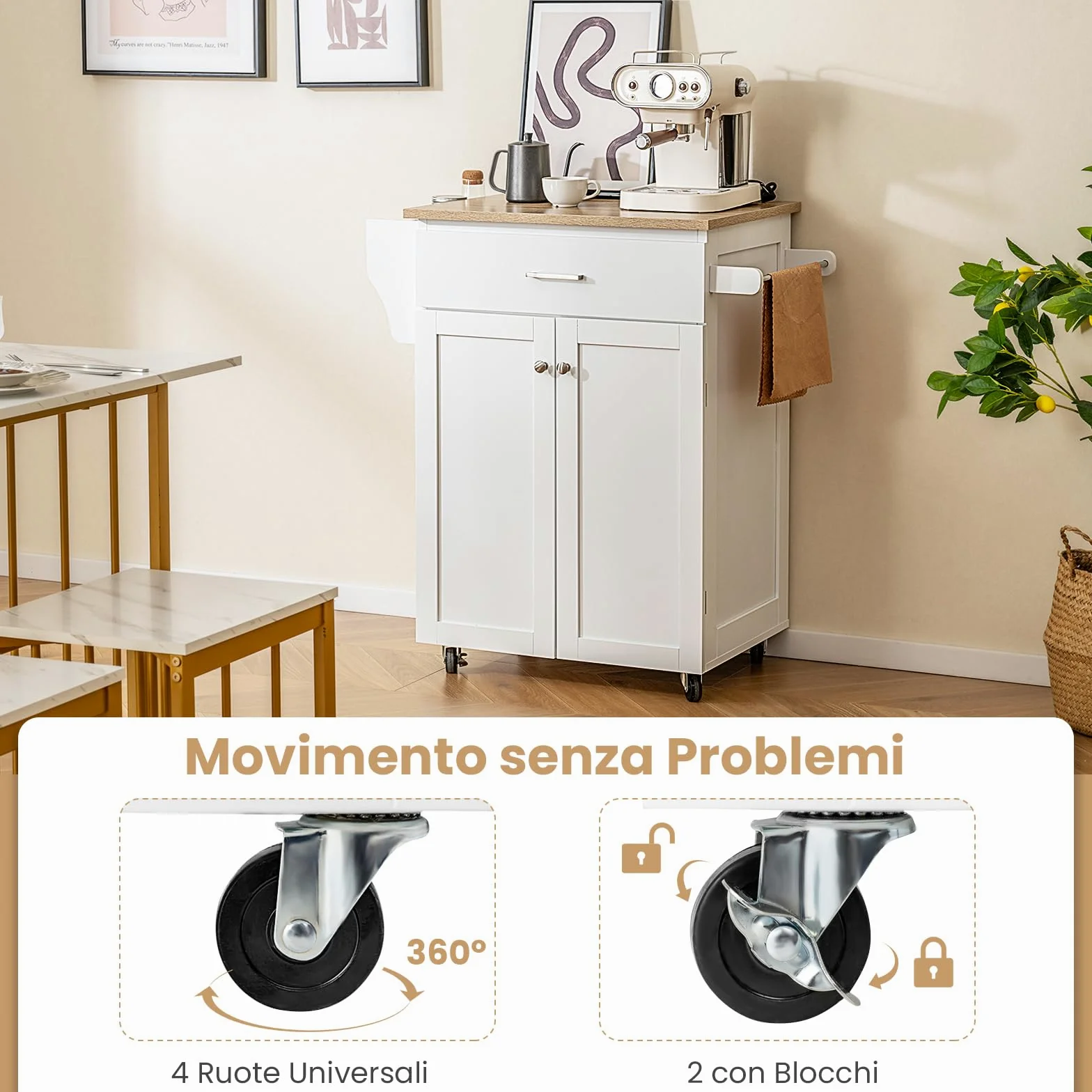 COSTWAY Isola da Cucina con Ruote, Carrello da Cucina con Cassetto e Armadio, Porta Spezie e Barre Porta Asciugamani, Armadietto Mobile con Ripiano Regolabile per Sala da Pranzo, 83x48x91 cm