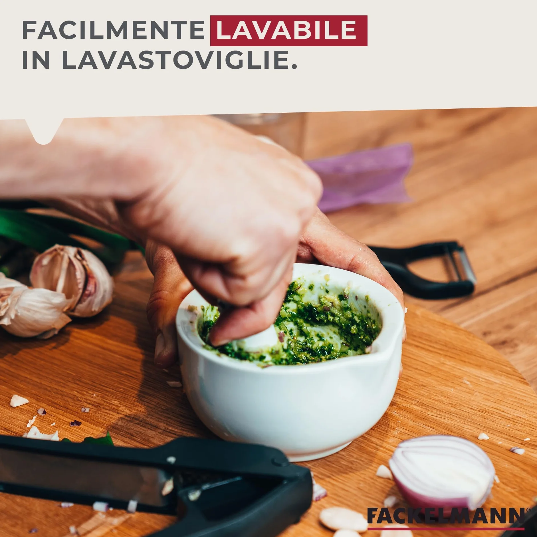 Fackelmann Pestello e Mortaio 11 cm Porcellana Ciotola in Pietra Macinino Erbe Spezie Bianco