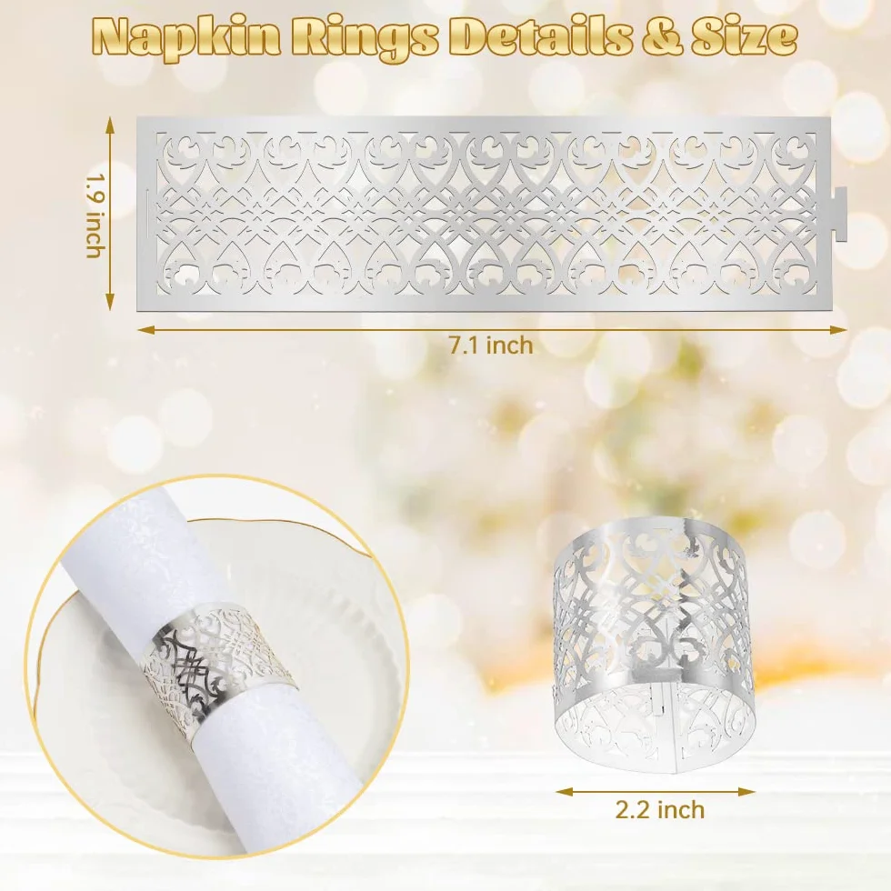 100 Pezzi Anelli Portatovagliolo,Anelli di Tovagliolo 3D di Carta,Portatovaglioli da Tavola,Anelli per tovaglioli per Compleanno Battesimo Matrimonio Cene,Banchetti(Argento)