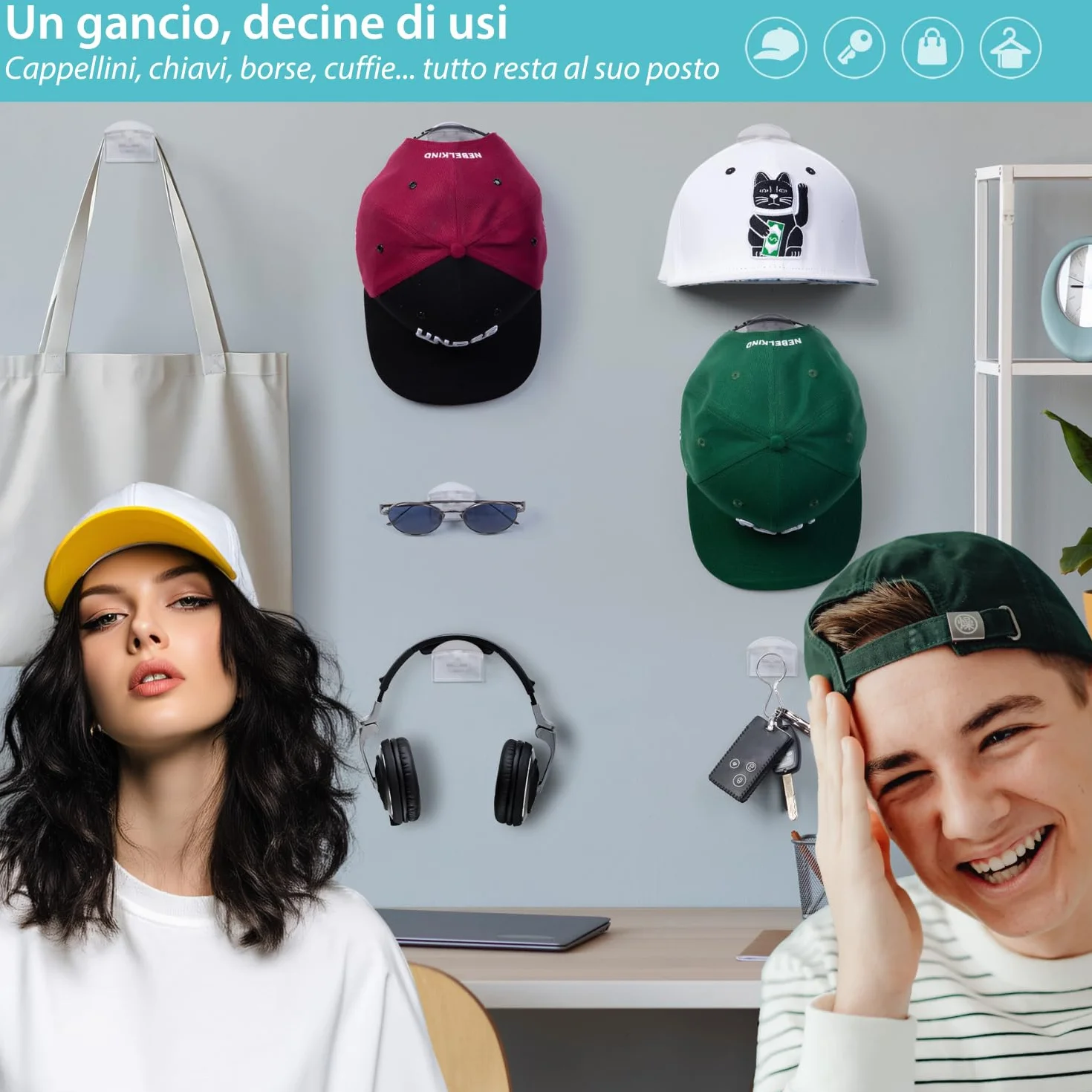 Ganci Porta Cappelli Trasparenti 10 Pezzi – Appendi Cappellini Invisibili Senza Trapano Supporti (Adesivi o con Viti) Elegante Organizer per Cappellino Parete Armadio Porta Giacche da Ingresso Camera