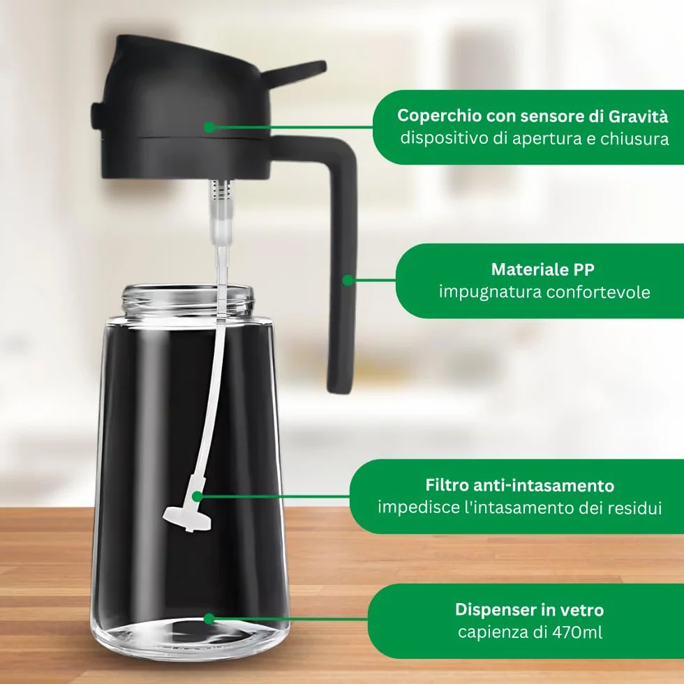 Spruzzino Dosatore Olio in Vetro 2 in 1 470ml Nero | Spruzzatore Olio per Cucina e Barbecue