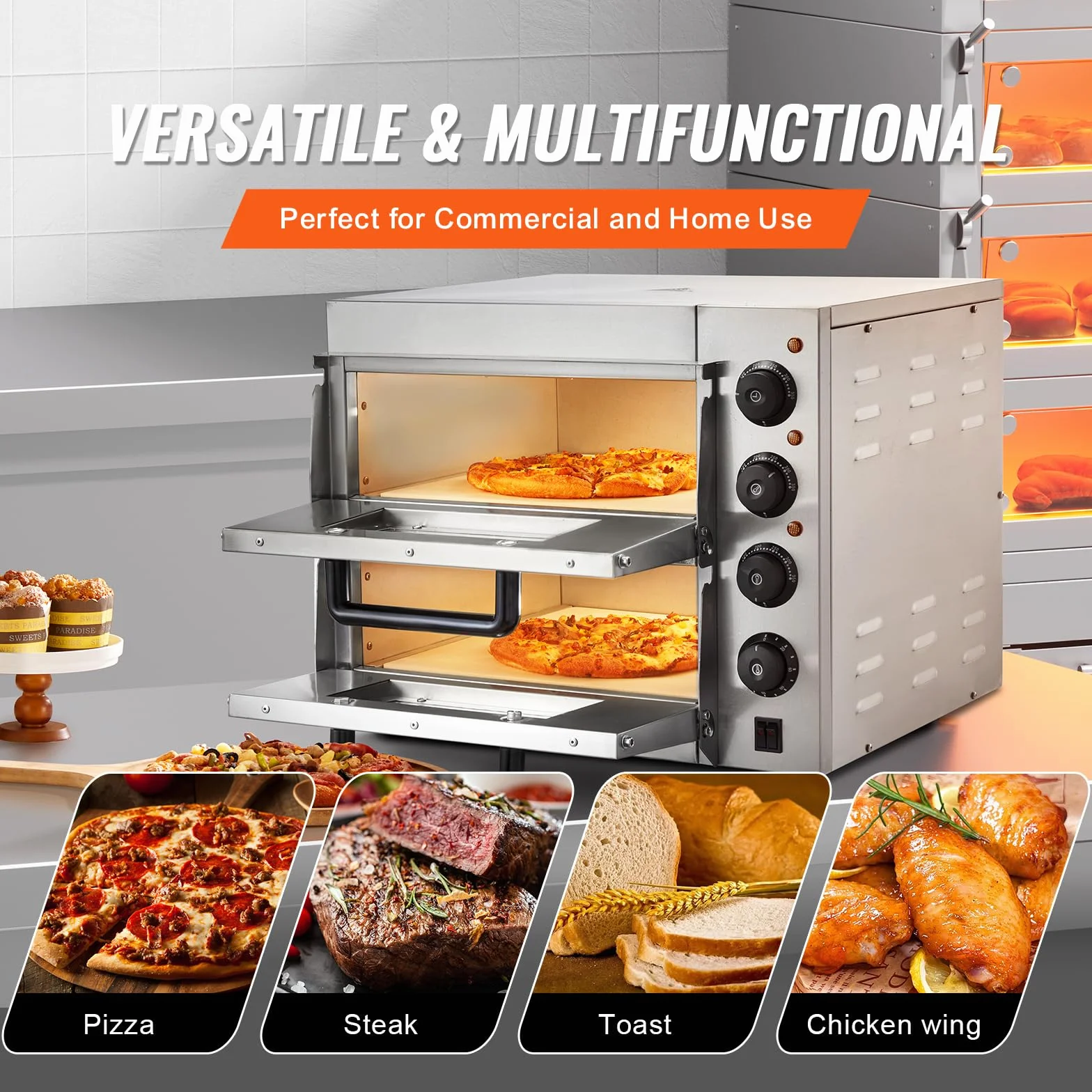 VEVOR Forno Elettrico per Pizza 14 Pollici Forno Elettrico 2 Ripiani per Pizza in Acciaio Inox con Pietra di Pizza Pizzaiolo Multiuso, Forno per Pizza per Interni Ristorante Cottura Casa Cucina