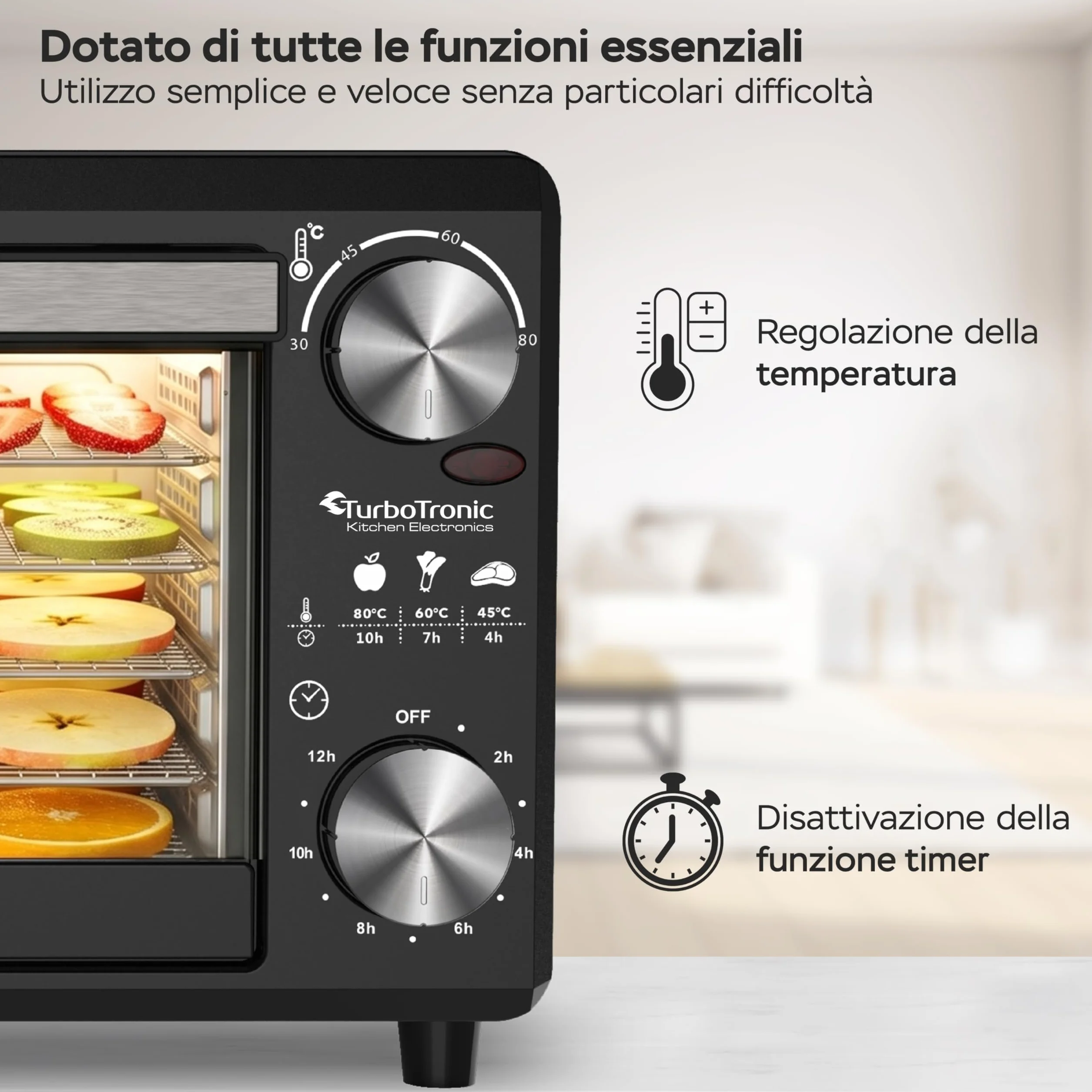 TurboTronic FD14 - Disidratatore Alimentare 14 L con 5 Vassoi - Essiccatore Alimentare a 5 Ripiani per Frutta, Verdura, Funghi, Carne, Pesce ed Erbe - Temperatura e Timer Regolabili (Black)