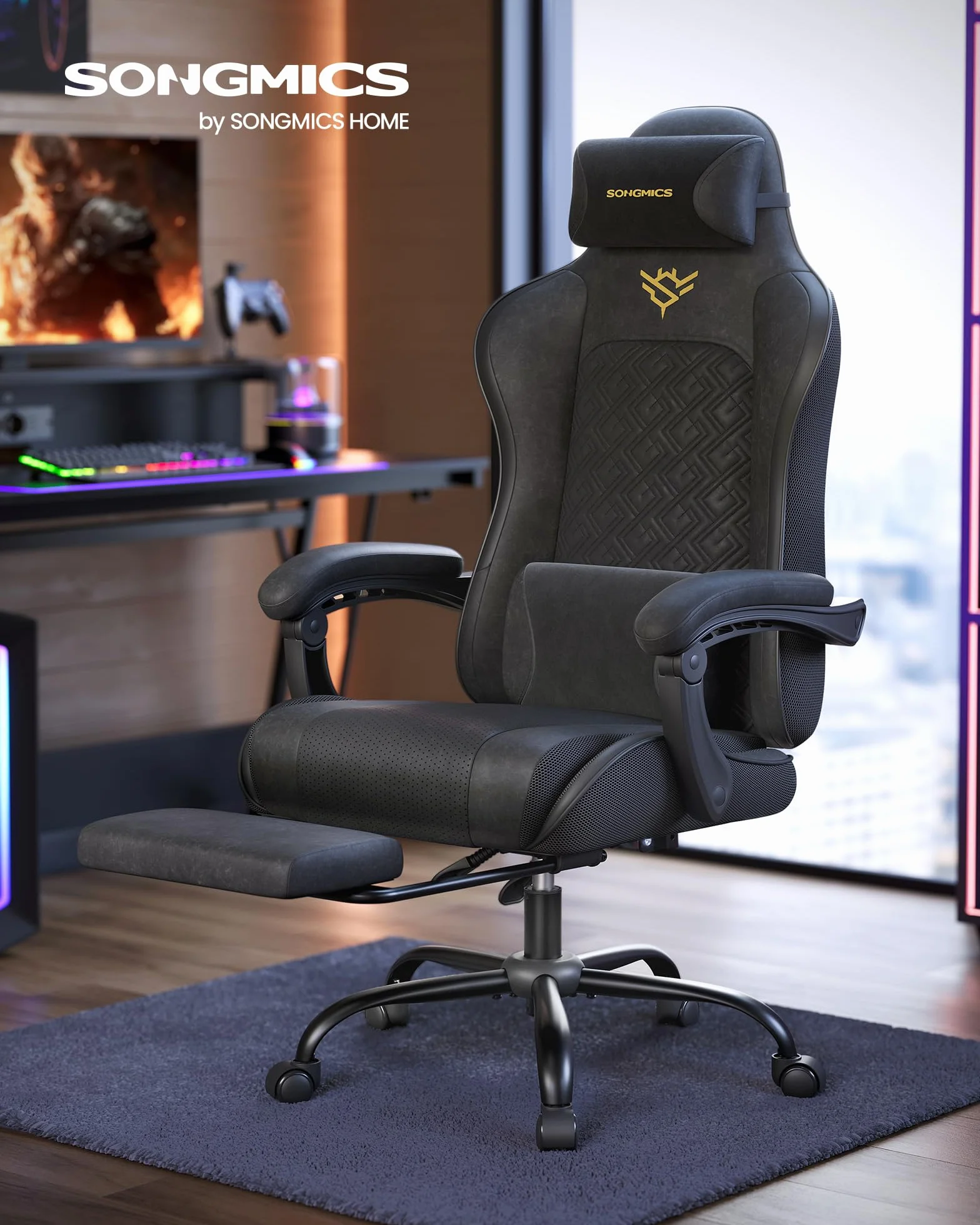 SONGMICS Sedia Gaming, Sedia da Ufficio Scrivania, Ergonomica, Seduta con Molle, Poggiapiedi, Braccioli con Meccanismo Sincronizzato, Nero Inchiostro OBG079B01