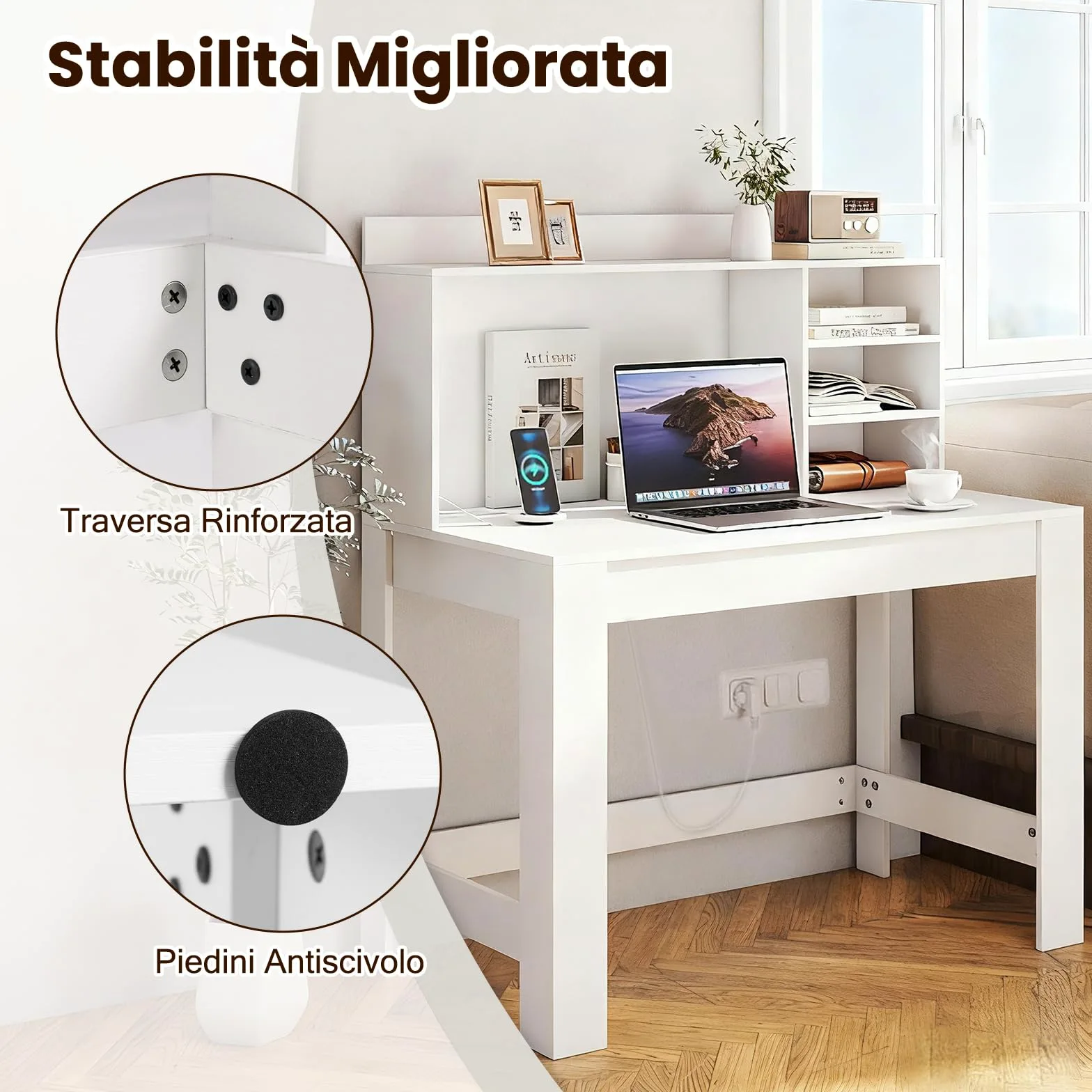 COSTWAY Scrivania per Computer con Libreria, Scrivania Salvaspazio in Legno con Stazione di Ricarica e Foro per Cavi, Scrittoio Moderno per Ufficio, Soggiorno e Studio, 108 x 60 x 125 cm (Bianco)