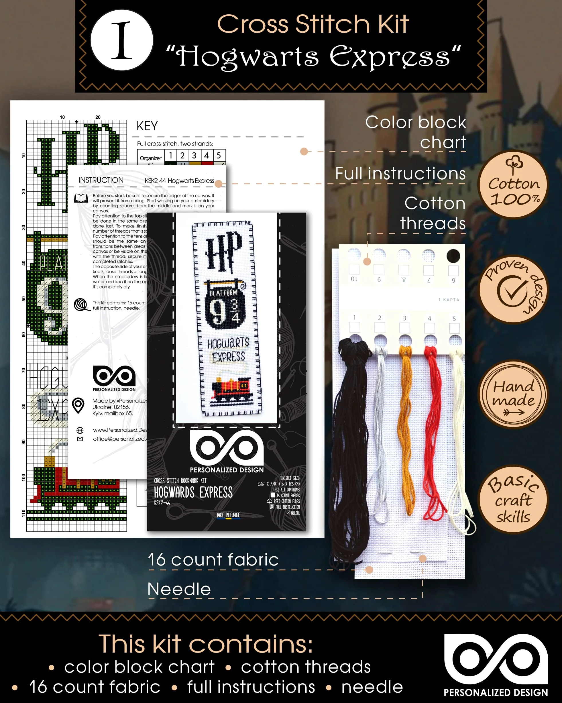 Personalized.Design Kit punto croce contato Magic World of Wizards – Segnalibri 7 in 1 fai da te ricamati a mano