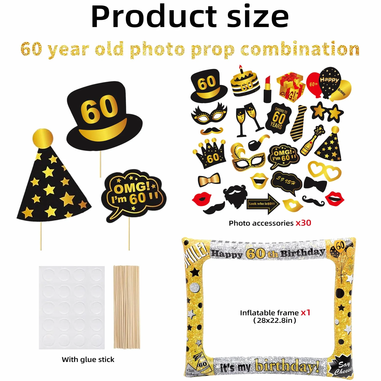 31 Pezzi Photo Booth Compleanno Accessori Carta Foto Frame Cornice Baffi Occhiali Cappelli Puntelli Fotografia Decorazione per Festa Compleanno Gadget 60 Anni Fai da Te