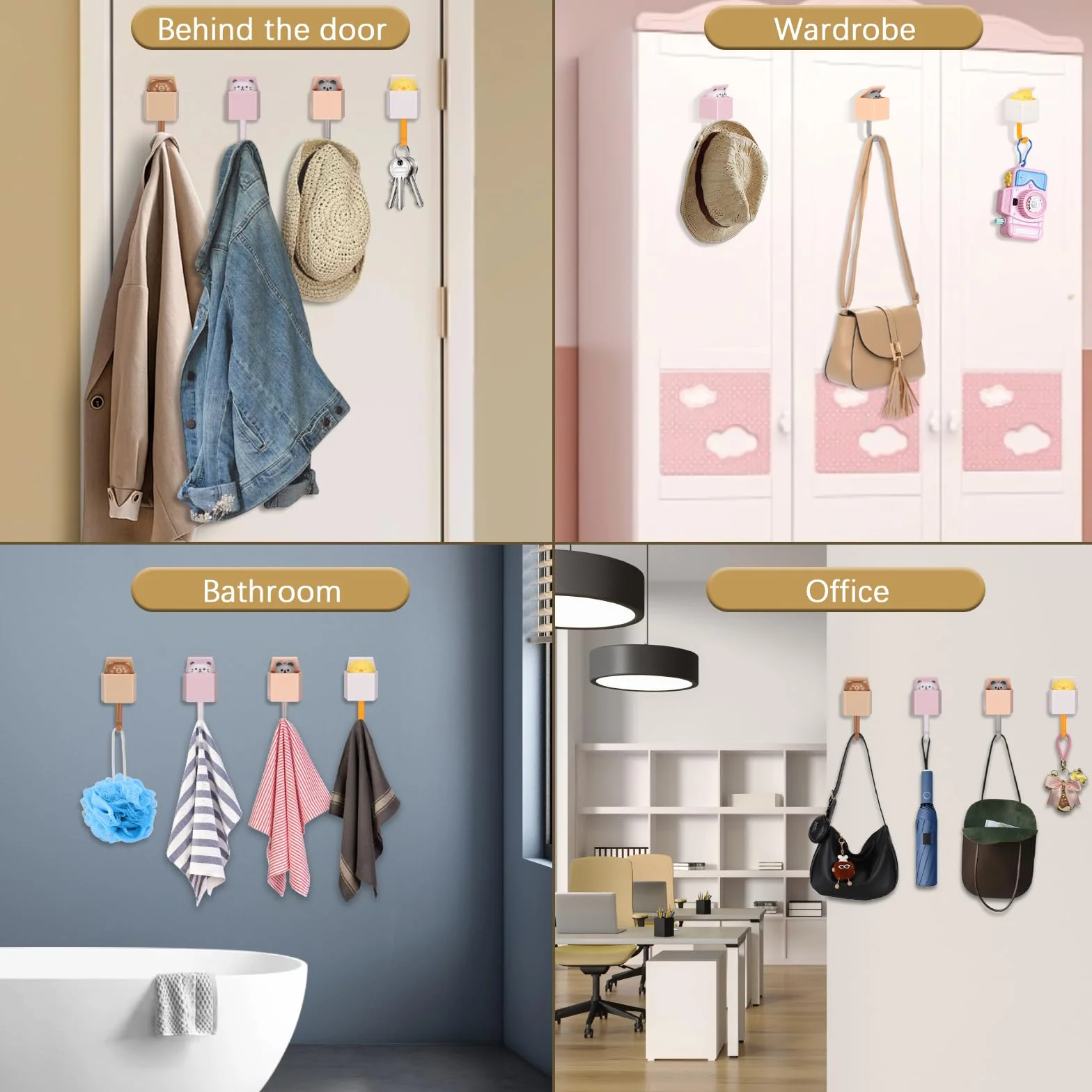 Starvortex 4 Pezzi Ganci Adesivi Animali Creativi Autoadesivo Appendi Chiavi per Casa Ufficio Bambini