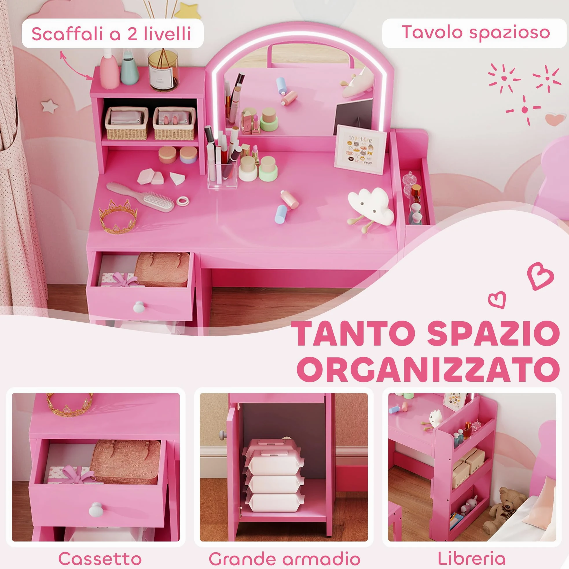 AIYAPLAY Set Toeletta Trucco per Bambini 3-8 Anni 2 in 1 con Specchio Illuminato e Sedia, Postazione Trucco in Legno con Luce LED a 2 Colori, Armadietto, Scaffali e Libreria, Rosa