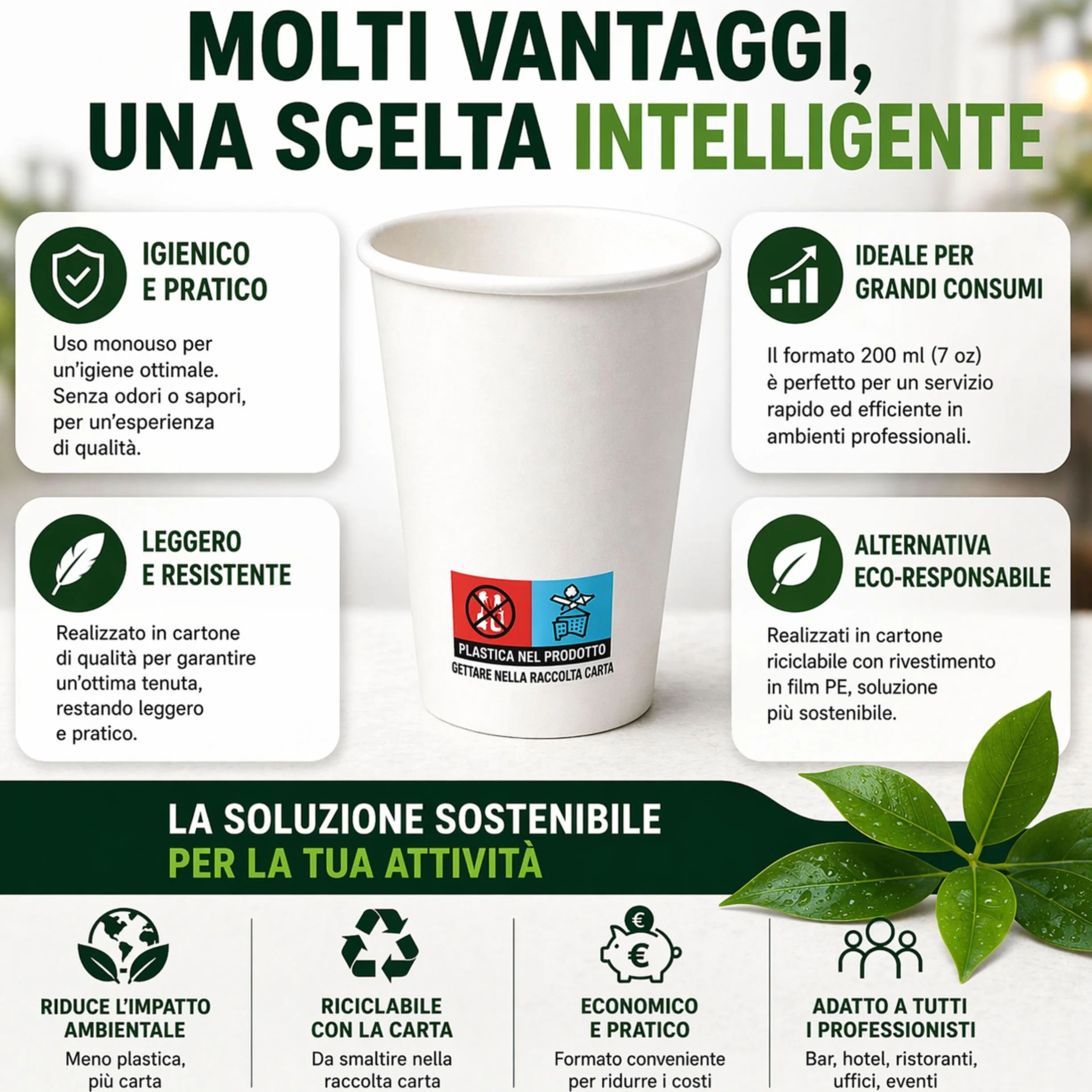 Bicchieri Carta 200 ml Monouso Bianchi MP ECO SOLUTION 1000 per Acqua e Bevande Calde Made in Italy