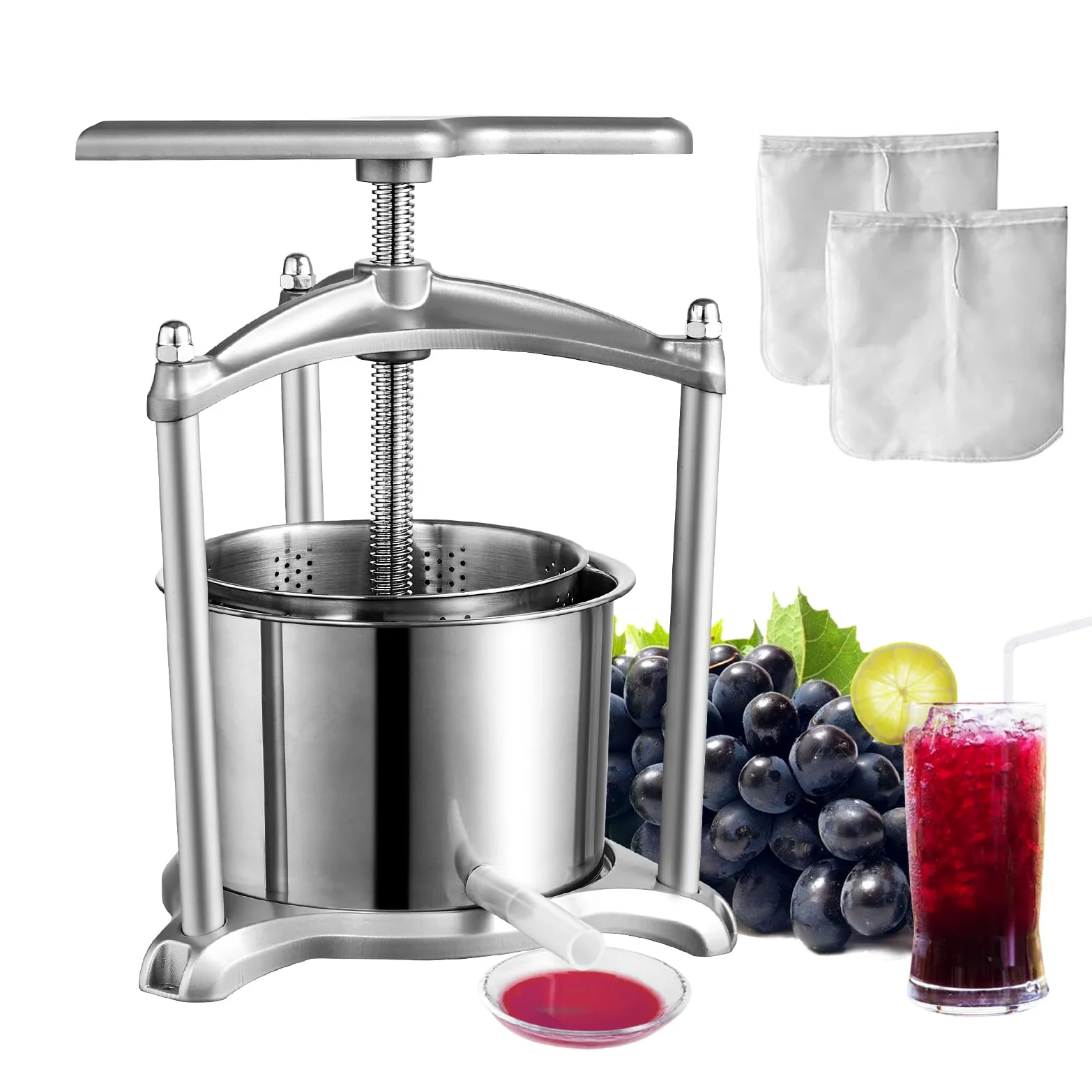 VEVOR Torchio per Vini di Frutta 6 Litri Torchietto Manuale Pressa per Succo di Frutta con Impugnatura Cestello in Acciaio Inossidabile, Estrattore per Olio d'Oliva Uva Mela Sidro Verdure Miele Succo