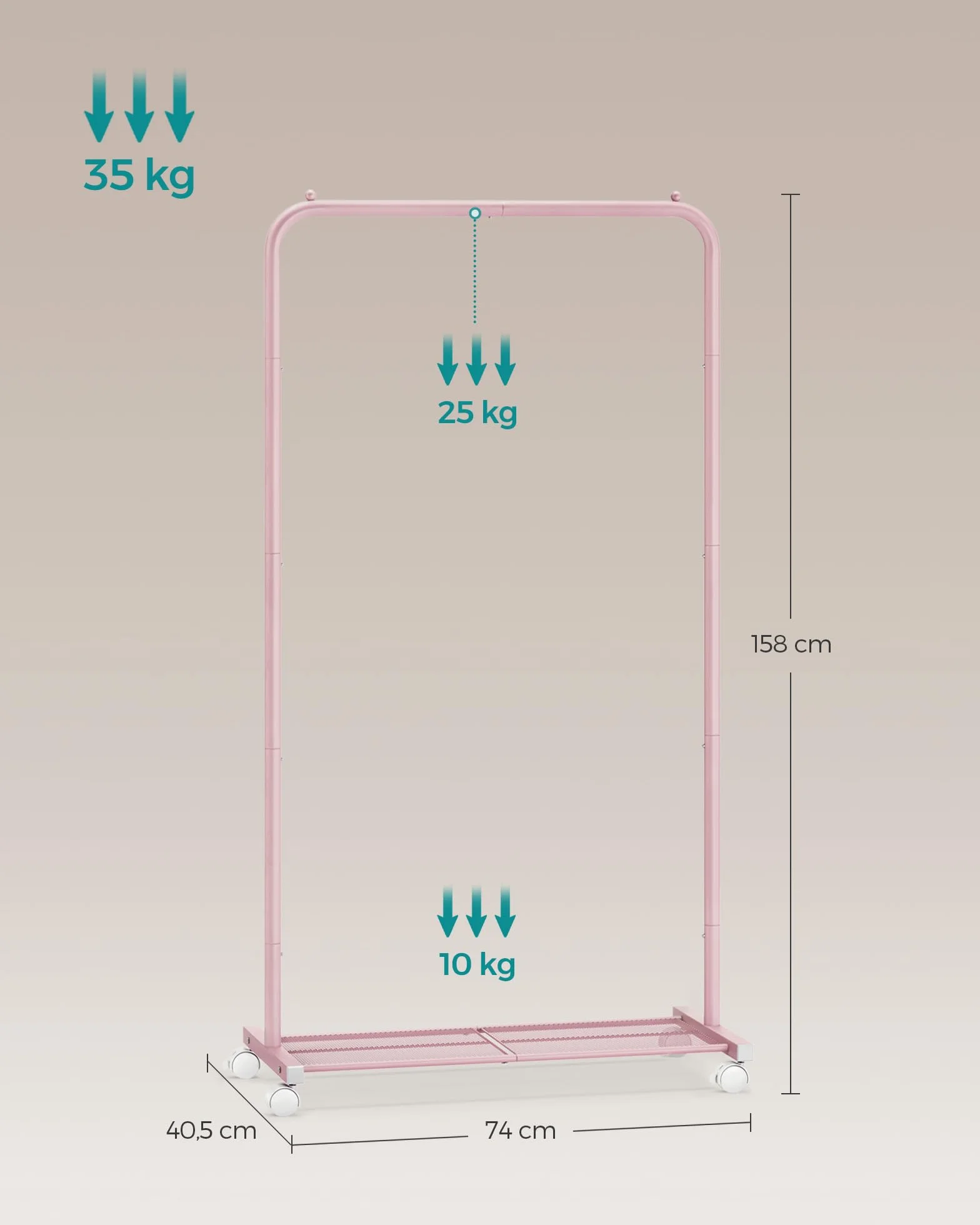 SONGMICS Appendiabiti con Ruote 74 cm 35 kg Metallo Rosa Pastello HSR130R01