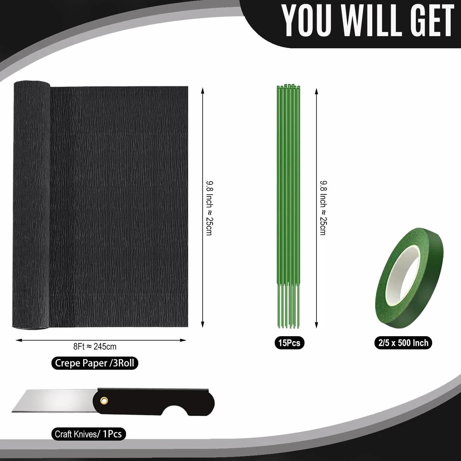 Carta Crespa Nero 3 Rotoli 25x250cm Carta Pesta con 15 Rametti Verdi Coltello Bricolage Nastro Adesivo Verde