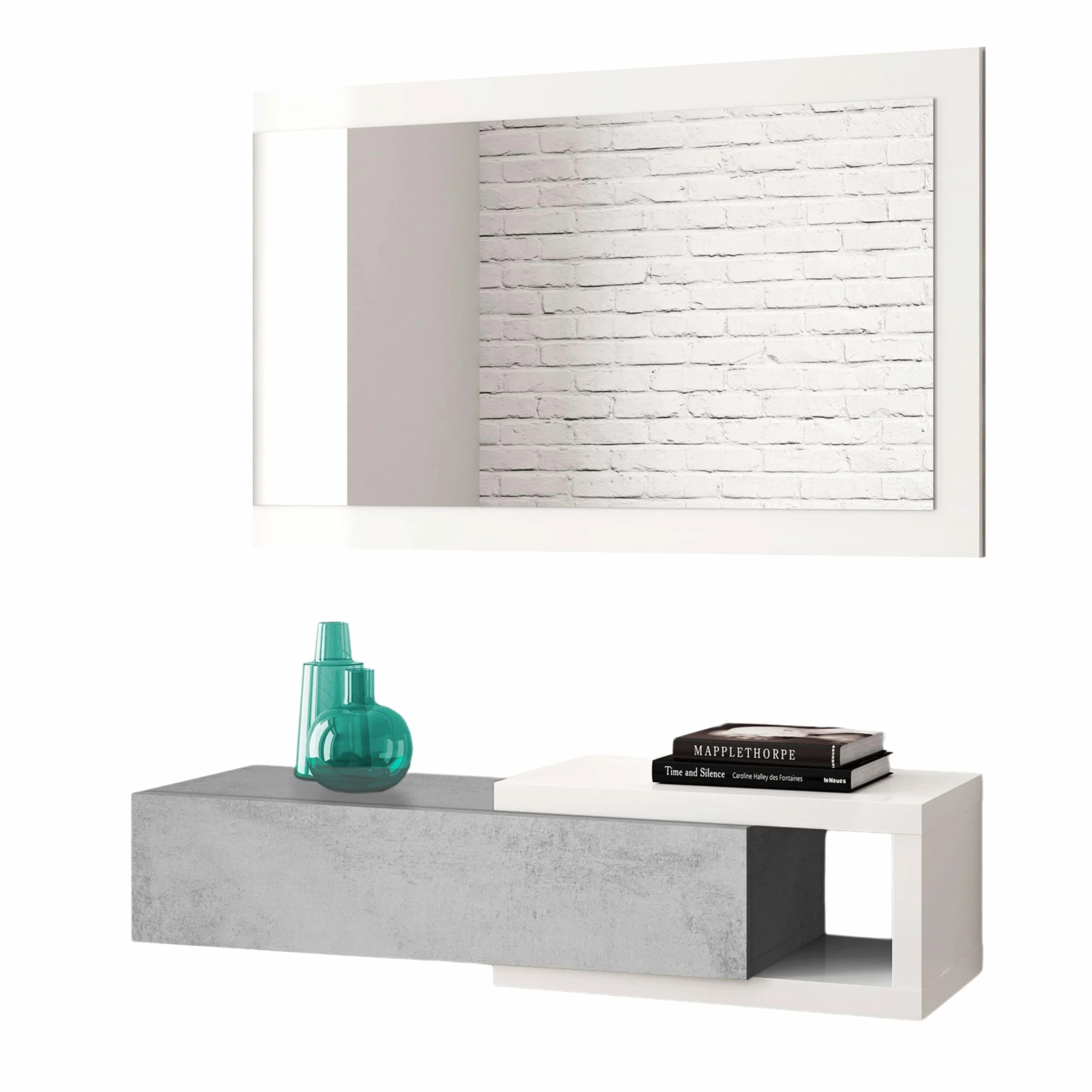 Habitdesign Ingresso con cassetto e specchio, mobile da ingresso, modello mezzogiorno, rifinito in bianco Artik e cemento, misure: 95 cm (larghezza) x 19 cm (altezza) x 26 cm (profondità)
