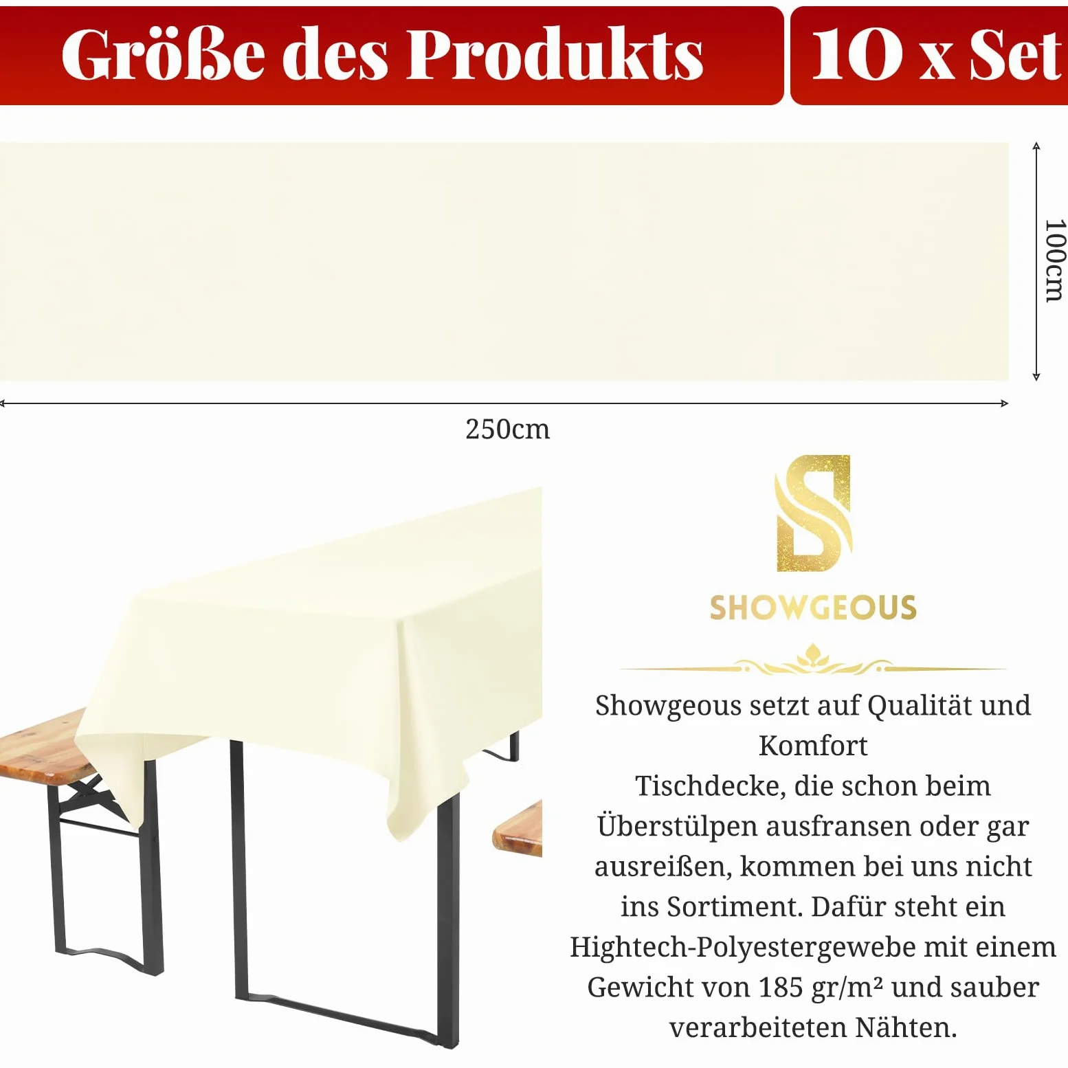 Showgeous Tovaglie da Birra Universali da 10 Pezzi per Tavolo da Birra da 50 cm e 70 cm, Tovaglie Rettangolari Lavabili 100x250 cm (Avorio)