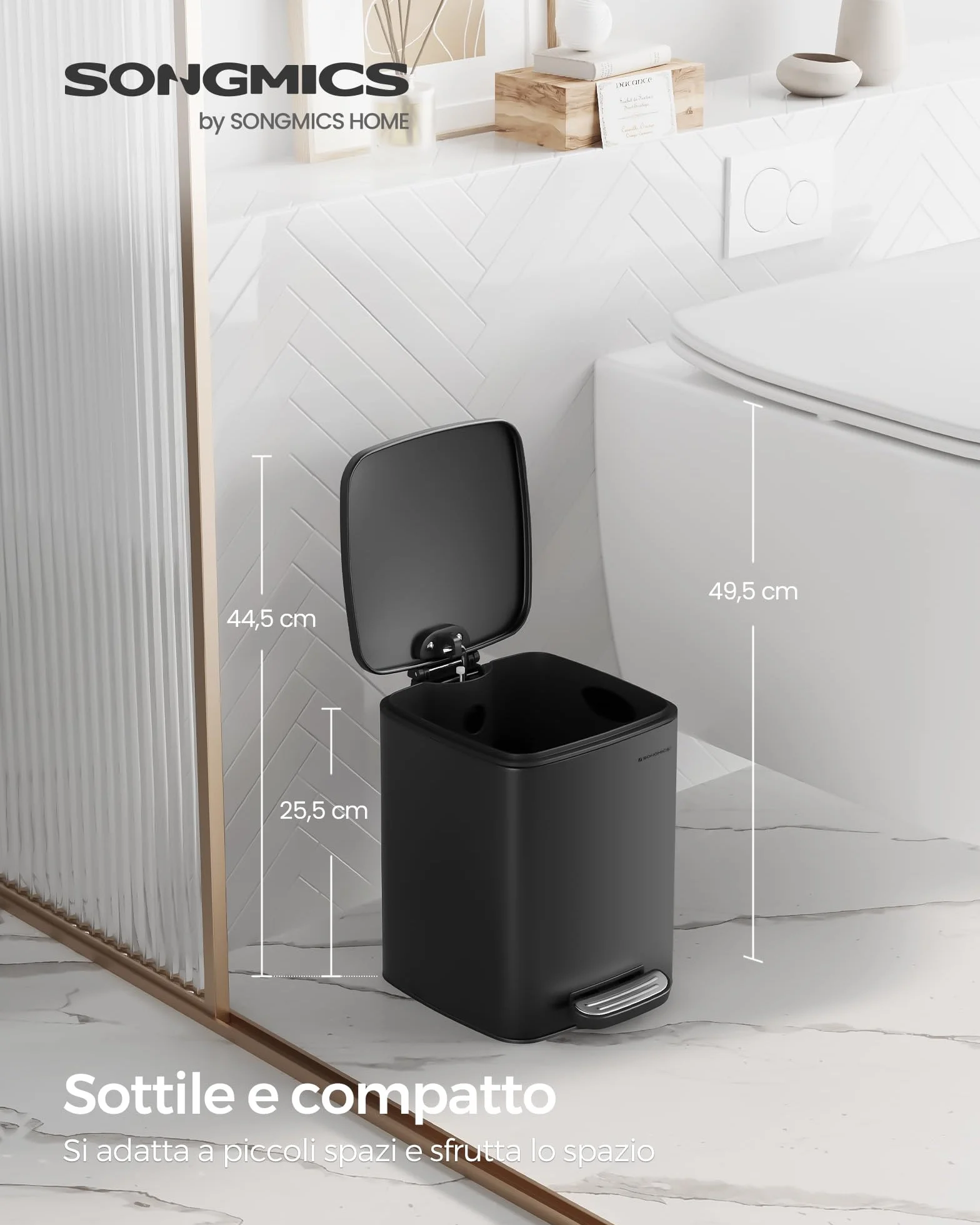 SONGMICS Pattumiera da Bagno 6 L Cestino a Pedale Acciaio Nero Coperchio a Chiusura Morbida