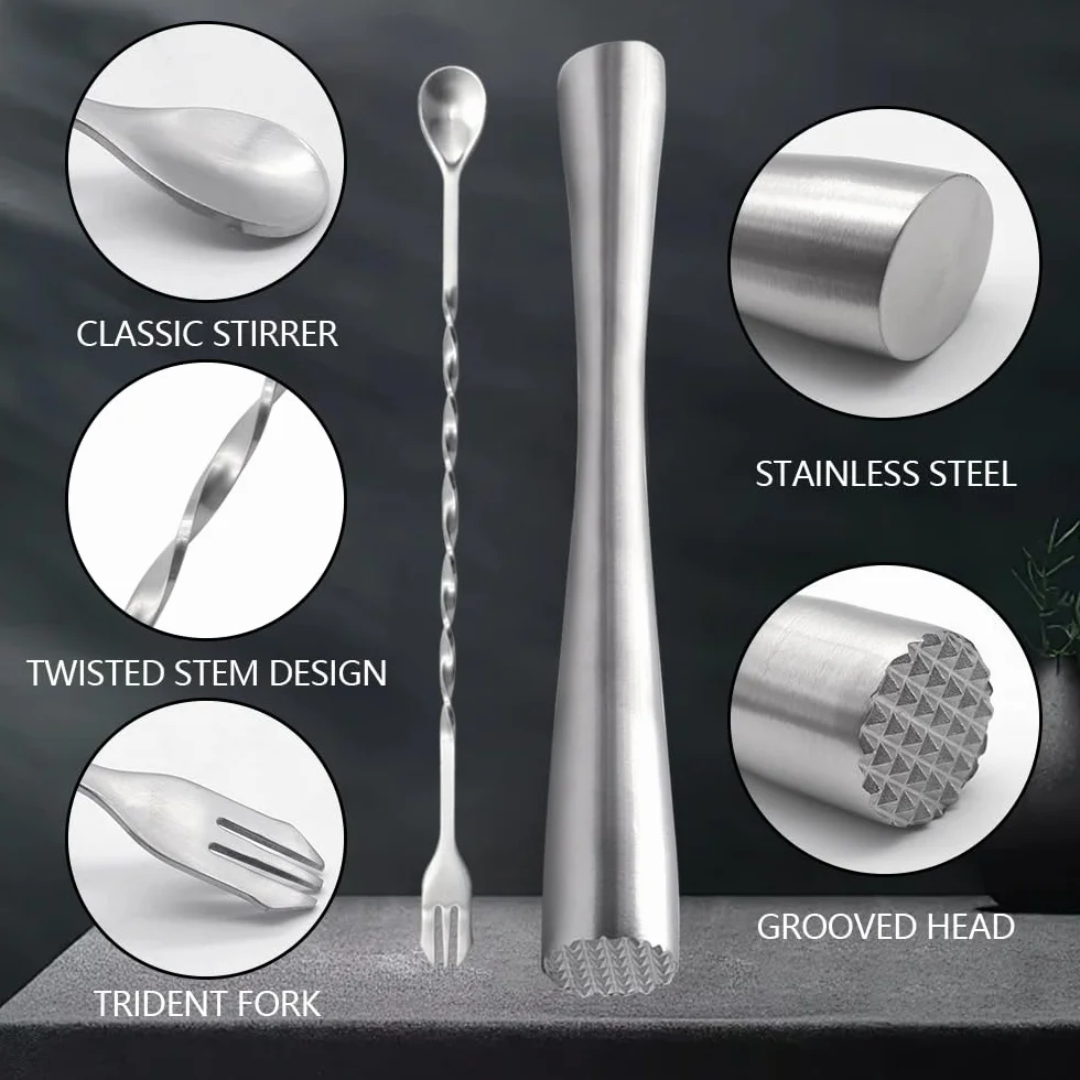 Pestello Cocktail Mojito 26CM Pestello e Cucchiaio da Cocktail in Acciaio Inox Ergonomic a Pestello Ghiaccio Adatto per Bar,Ristorante,Cucina(Argento)