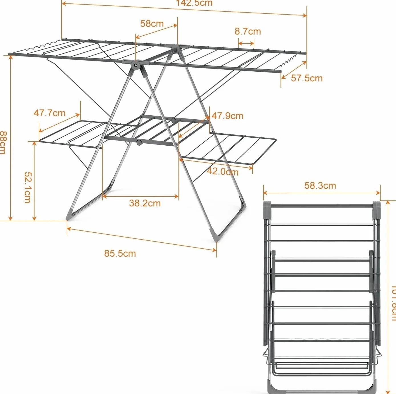 Innotic Stendibiancheria Pieghevole 33 Aste, Stendino Salvaspazio 2 Livelli, Stendino Verticale Regolabile Resistente, per Esterno Balcone Interno, Stendipanni con Accessori Richiudibile, Grigio