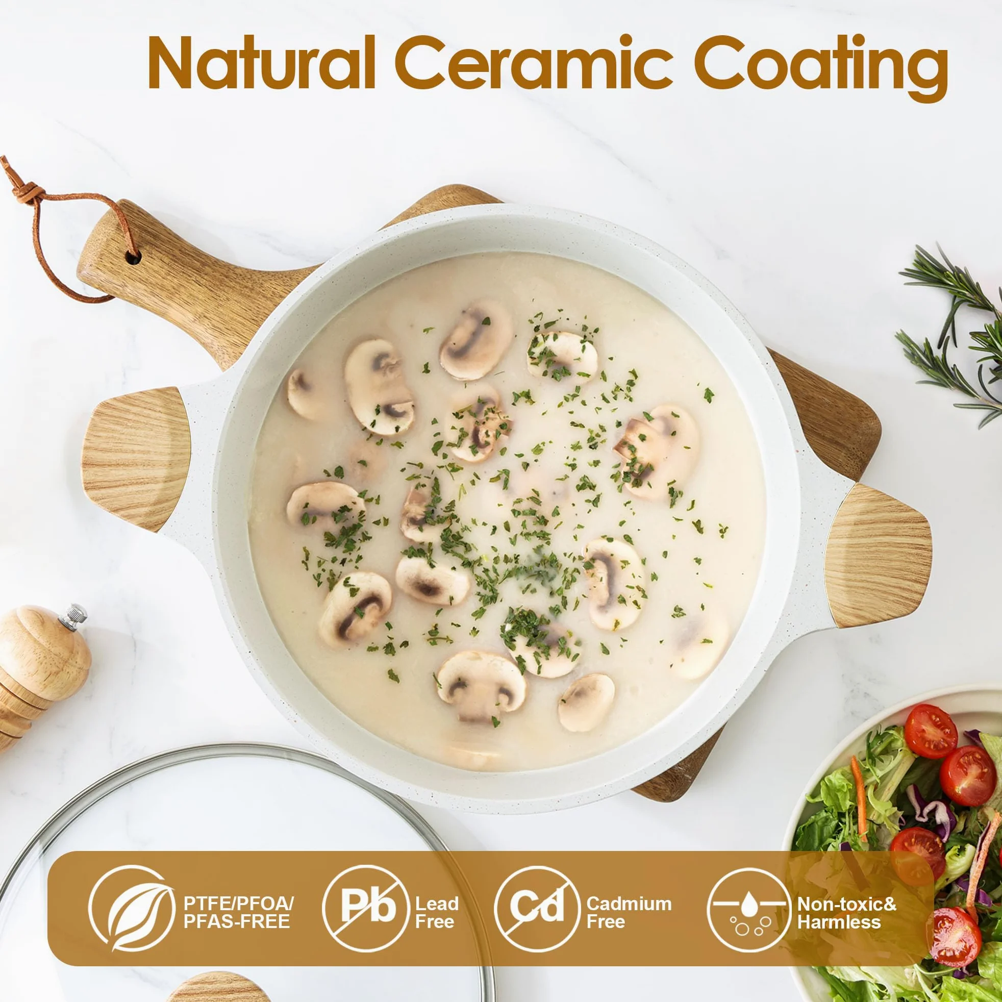 SENSARTE Pentola in ceramica antiaderente con coperchio, pentola a induzione da 4,5 litri con coperchio in vetro temperato, pentola per zuppe e farina d'avena, casseruola per pasta, priva di PFAS e
