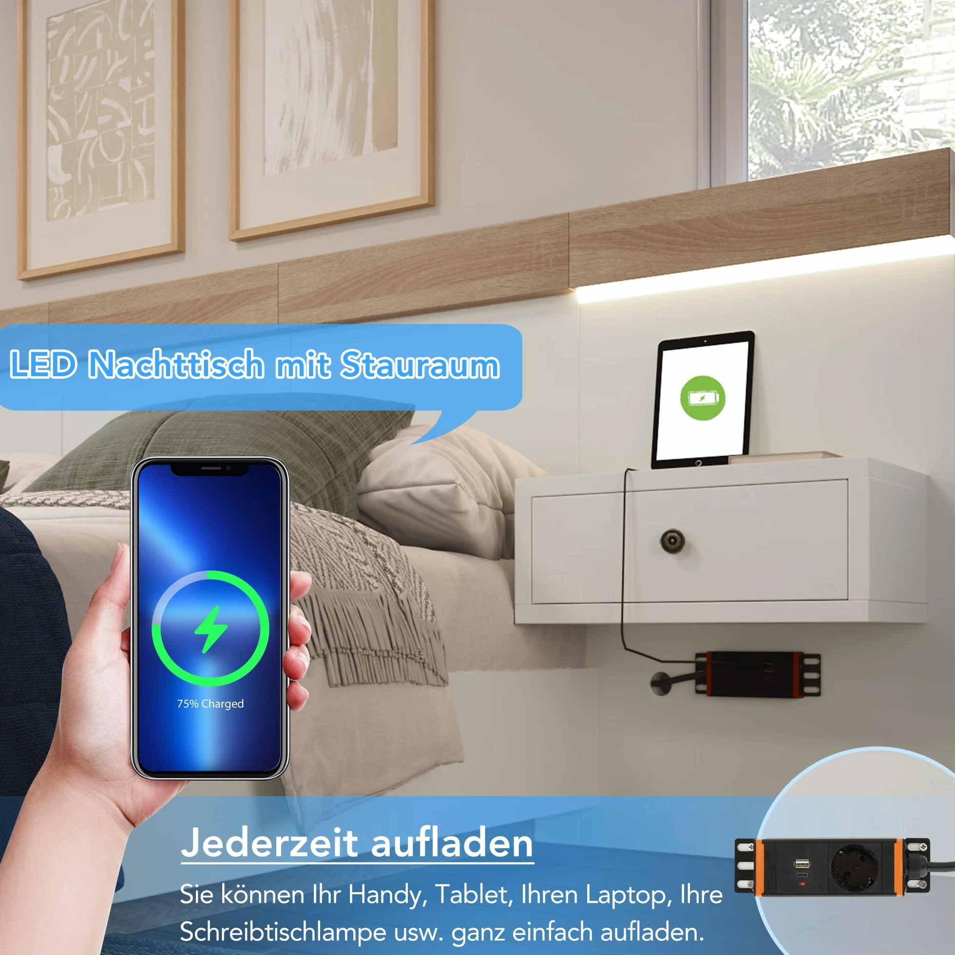 Sapgaks Letto 160 x 200 con doghe e testa,letto baule con 2 tavolini da notte a LED e presa USB, letto per 2 persone con stoccaggio, cornice doppia, set in rovere bianco (senza materasso)