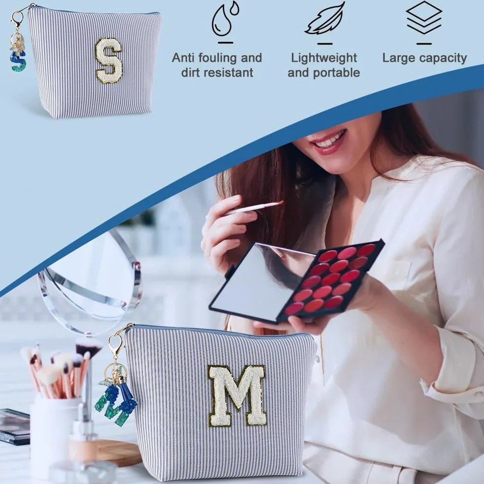 Pochette Personalizzata Beauty Case Portachiavi Bambina Ragazza con Iniziale Regali Personalizzati per Donna (Blu)