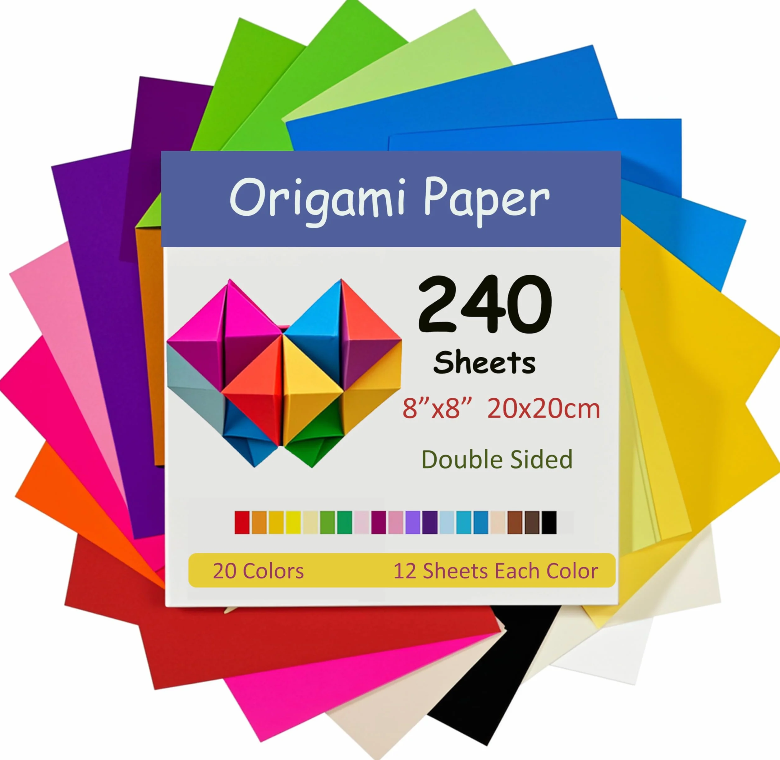 Carta Origami 20 x 20 cm 20 Colori 70 g/m² per Bambini Fai da Te Scuola