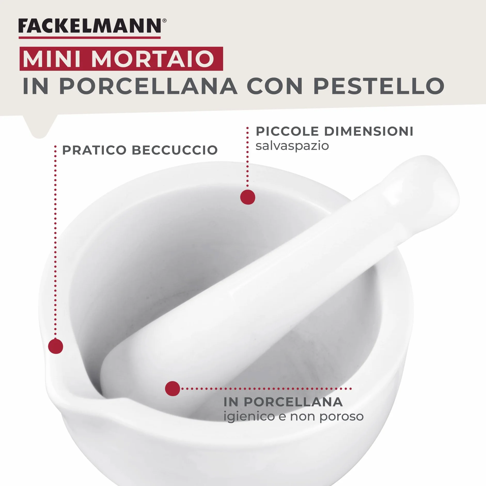 Fackelmann Pestello e Mortaio 11 cm Porcellana Ciotola in Pietra Macinino Erbe Spezie Bianco