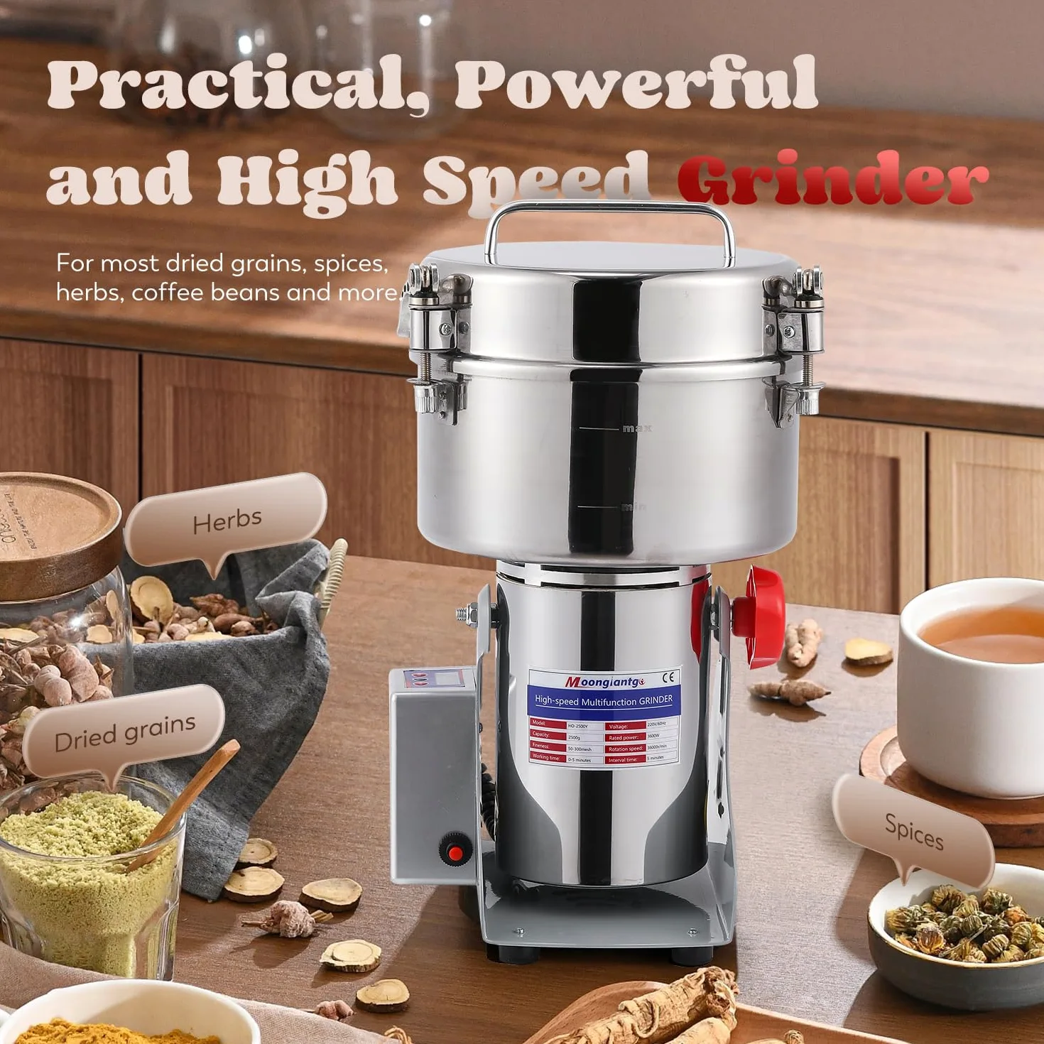 Moongiantgo 2500g Mulino per Cereali Elettrica, con Display a LED, Acciaio Inossidabile & Motore Commerciale 3600W 36000RPM, 30S Rettifica Ultra Fine ad Alta Velocità, per Cereali/Erbe/Spezie/Noci