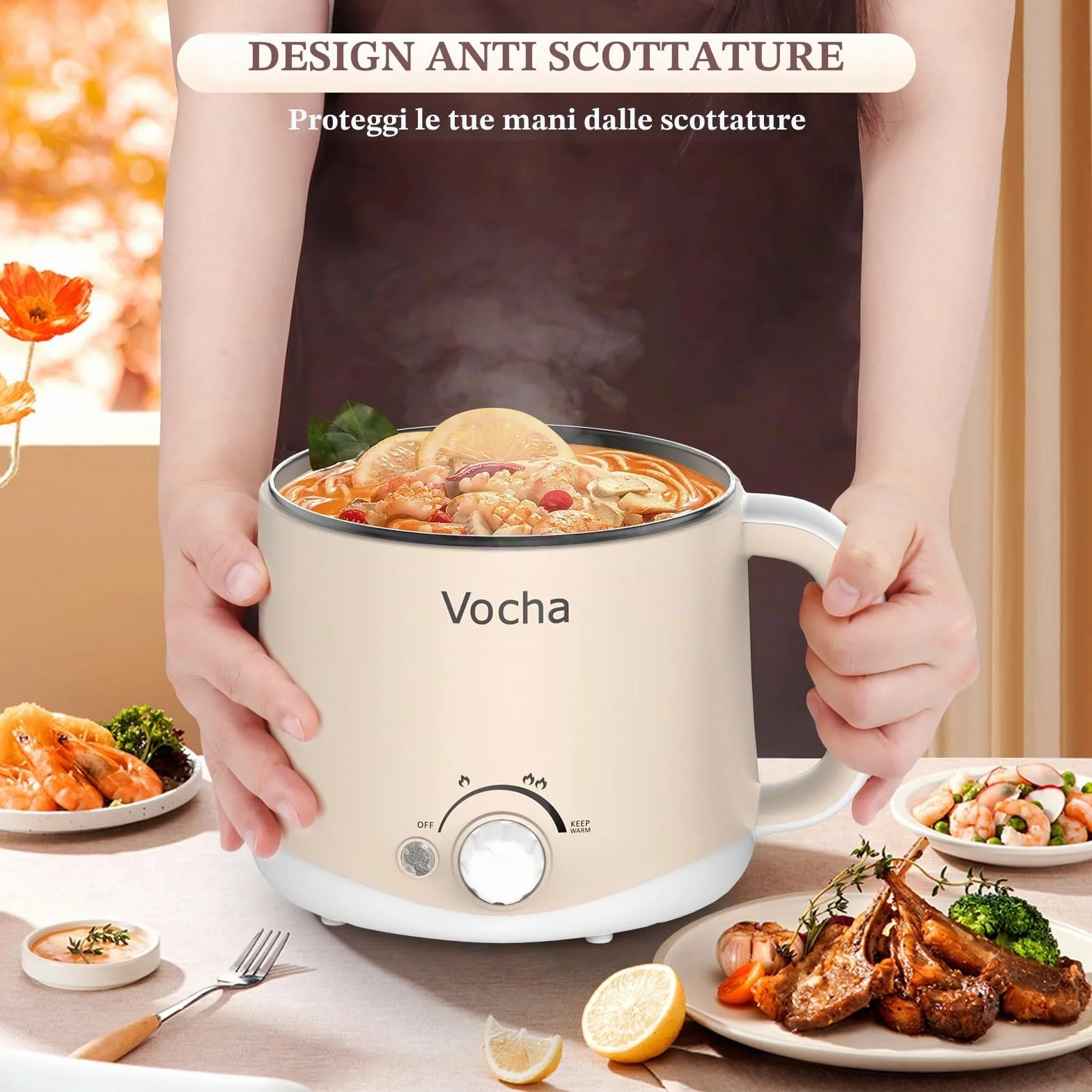 Vocha Pentola Elettrica Antiaderente 1,6L con Keep Warm, Fornello da Viaggio Portatile, Multi-Cottura, Beige