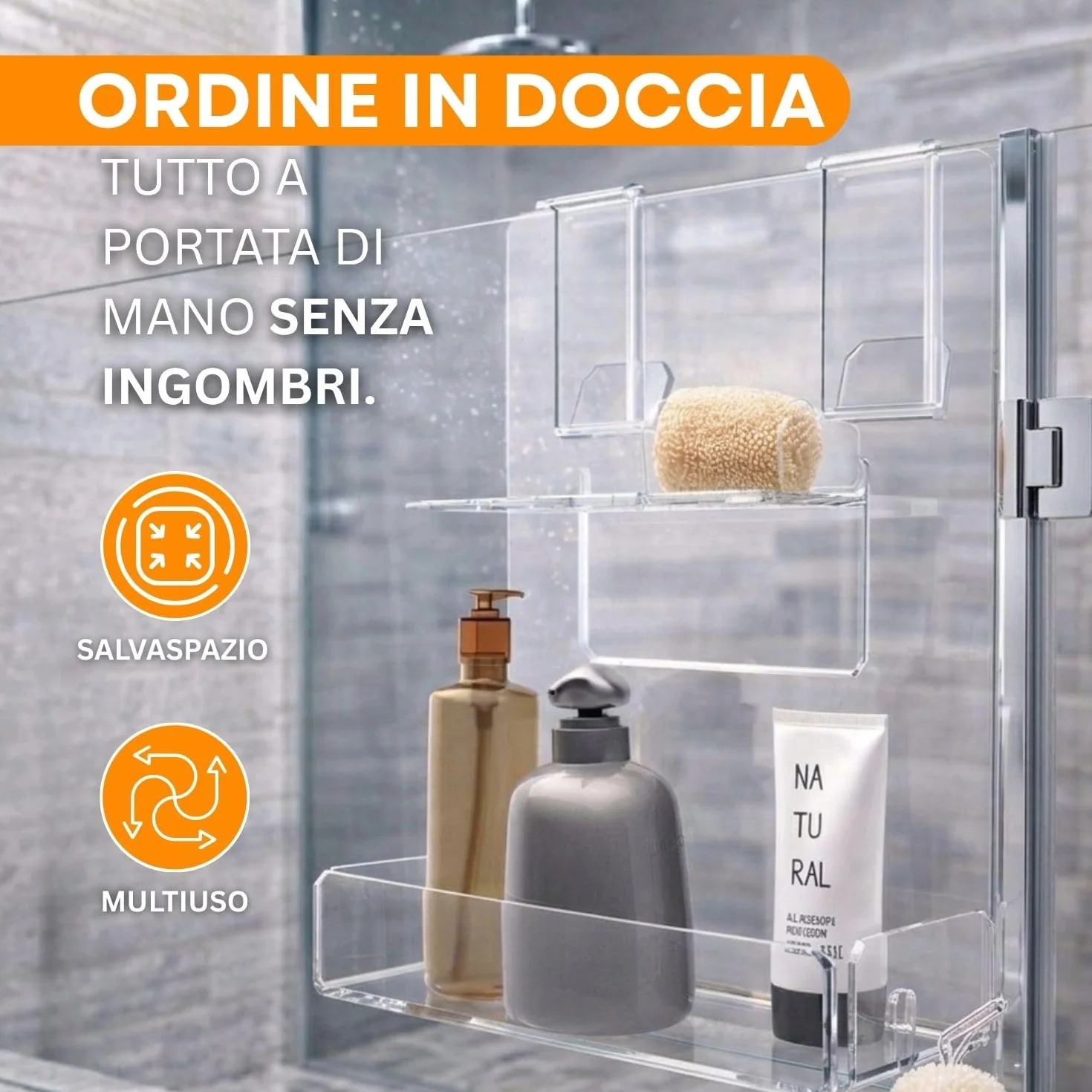 AGPLEX Porta Shampoo Doccia in Vetro Acrilico, Porta Sapone Monoblocco per Doccia, Spessore Box 6-15mm Made in Italy