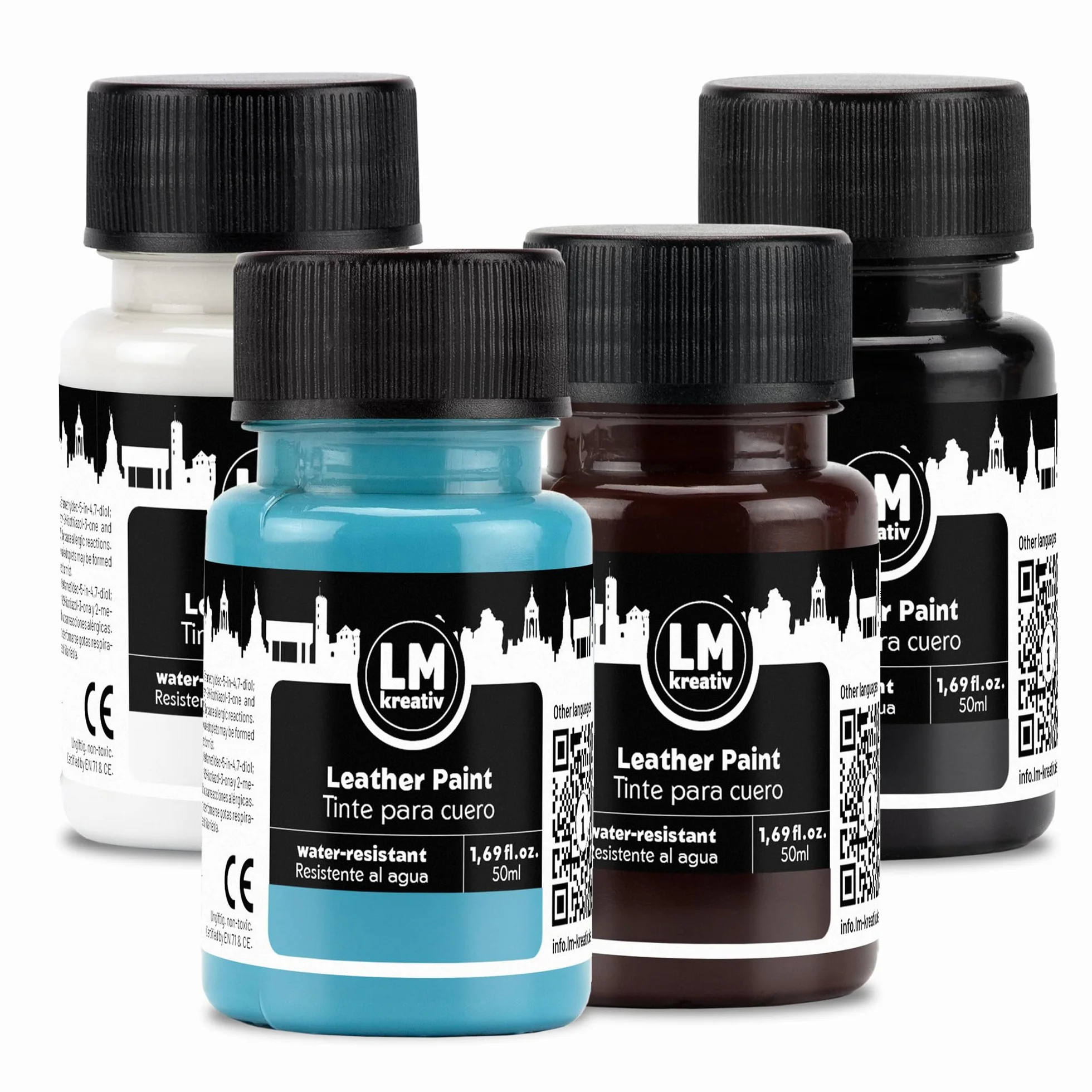LM-Kreativ Colore della Pelle 4 x 50 ml - Nero, Bianco, Marrone, Azzurro per Scarpe e Borse