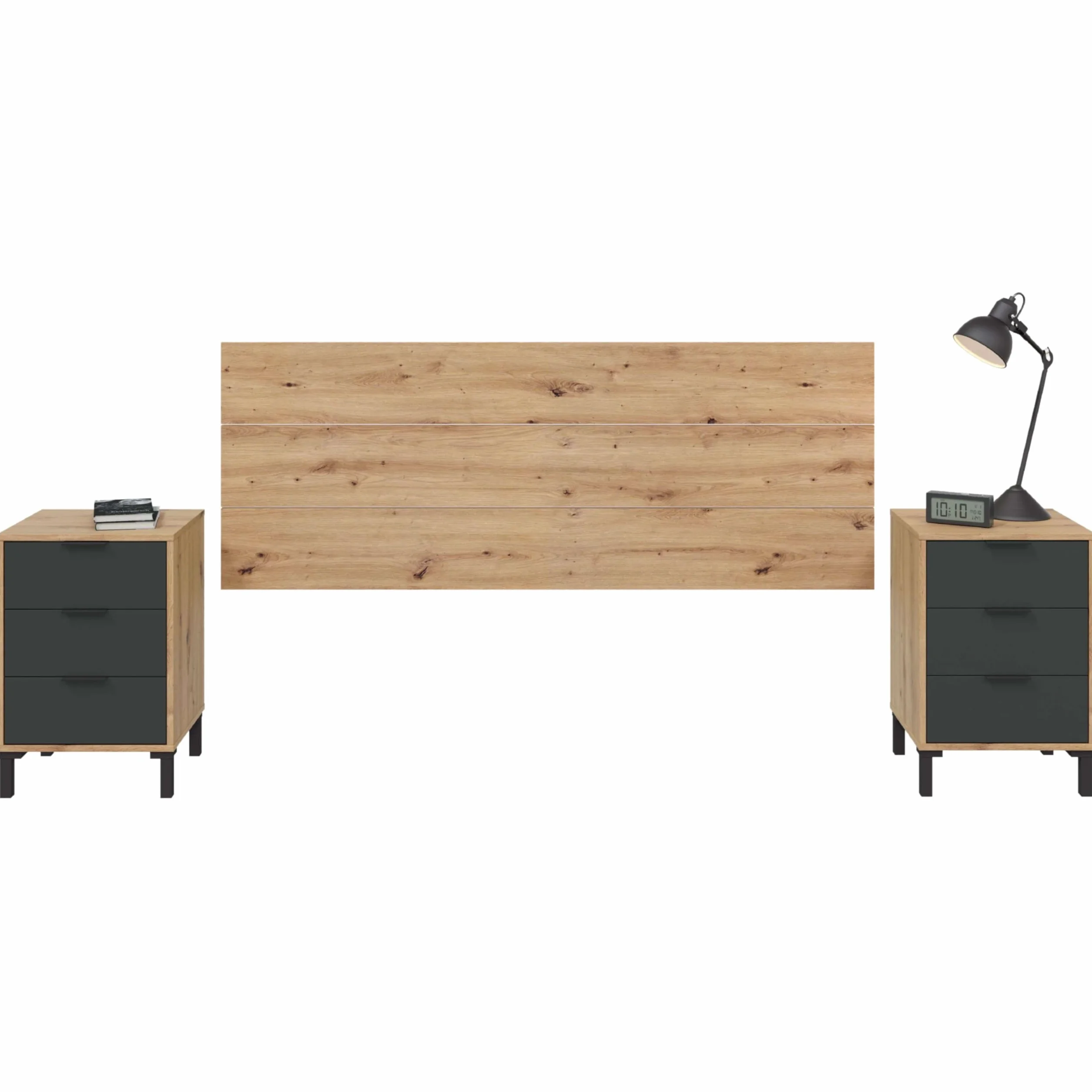 Testina + 2 comodini di notte, testiera per letto matrimoniale, modello Enzo, finitura in rovere Nodi e grigio antracite, Dimensioni: 160 cm (larghezza) x 60 cm (altezza) x 2,5 cm (profondità)
