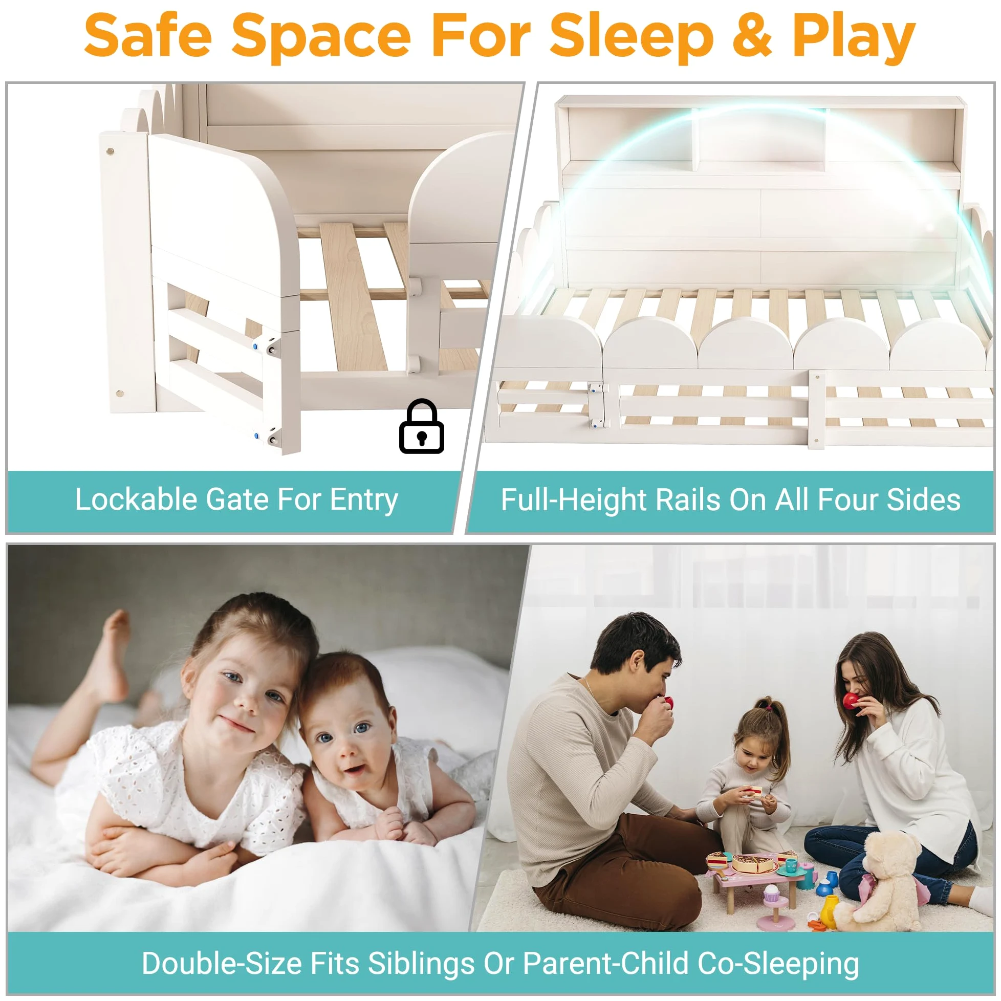 Montessori Letto a Terra per Bambini 140x200cm con Mensola, Protezione Anticaduta e Sportello, Letto Piazza e Mezza per Bambini, Strutture letto in legno di Pino per Cameretta ragazzi (Senza Materasso
