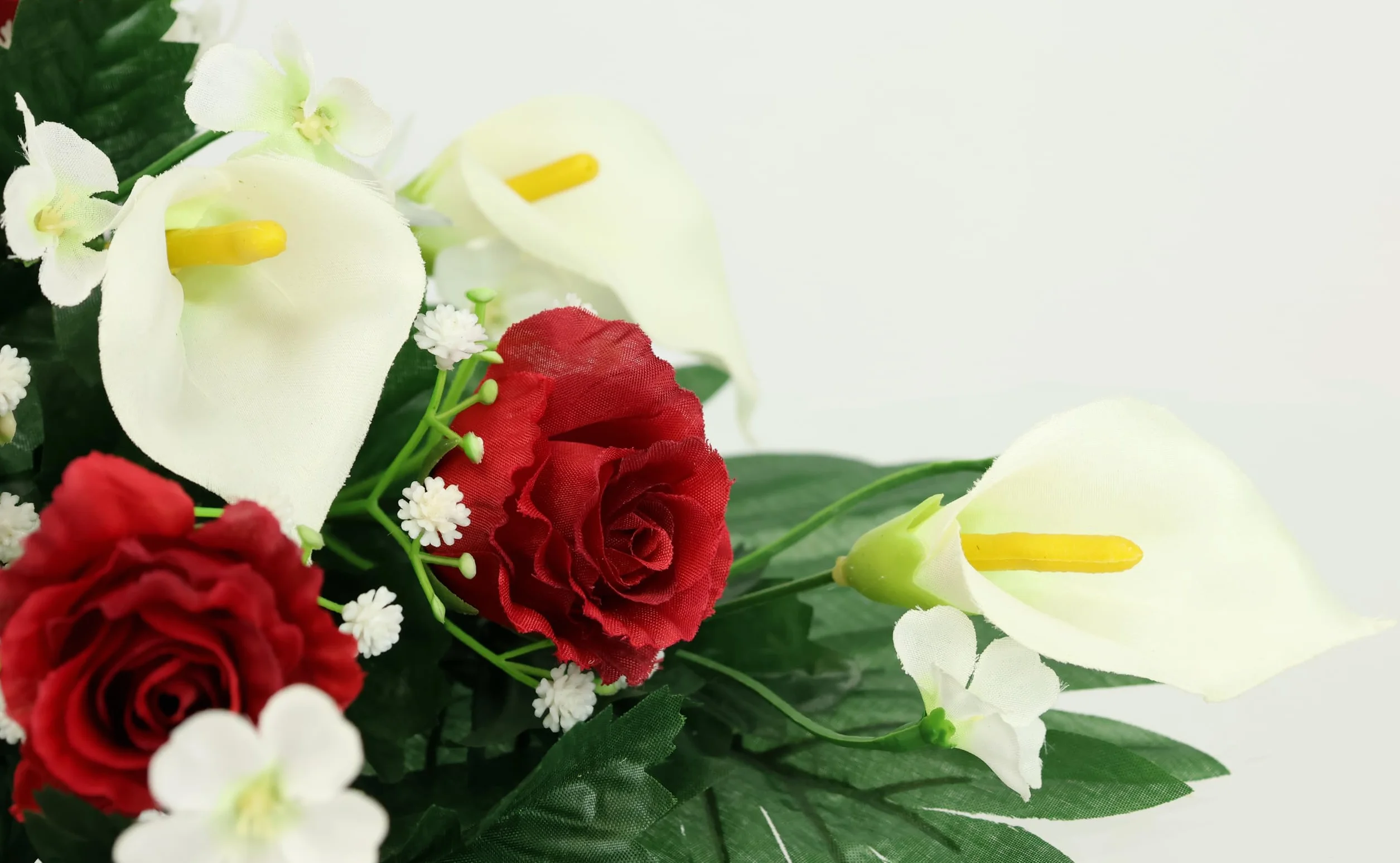 Decorazione per sepoltura con rose artificiali e calla, 48 cm, decorazione per sepoltura di cimitero, decorazione per il cimitero, decorazione per la tavola, fiori di seta